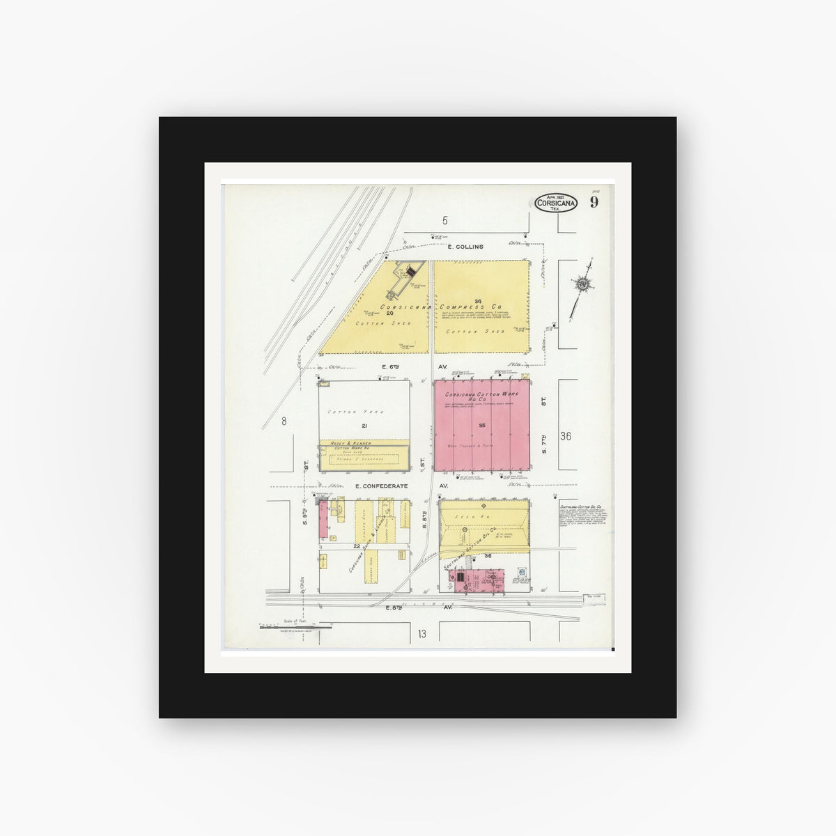 Old map wall art mockup — black gallery frame with white mat — Sanborn Map from Corsicana, Navarro County, Texas (1921), Sheet #0009