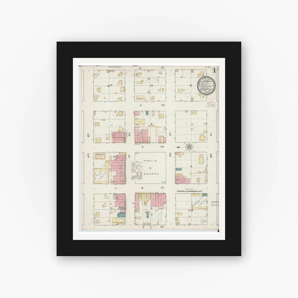 Old map wall art mockup — black gallery frame with white mat — Sanborn Fire Insurance Map from Unionville, Putnam County, Missouri (1893) - Complete Map Set