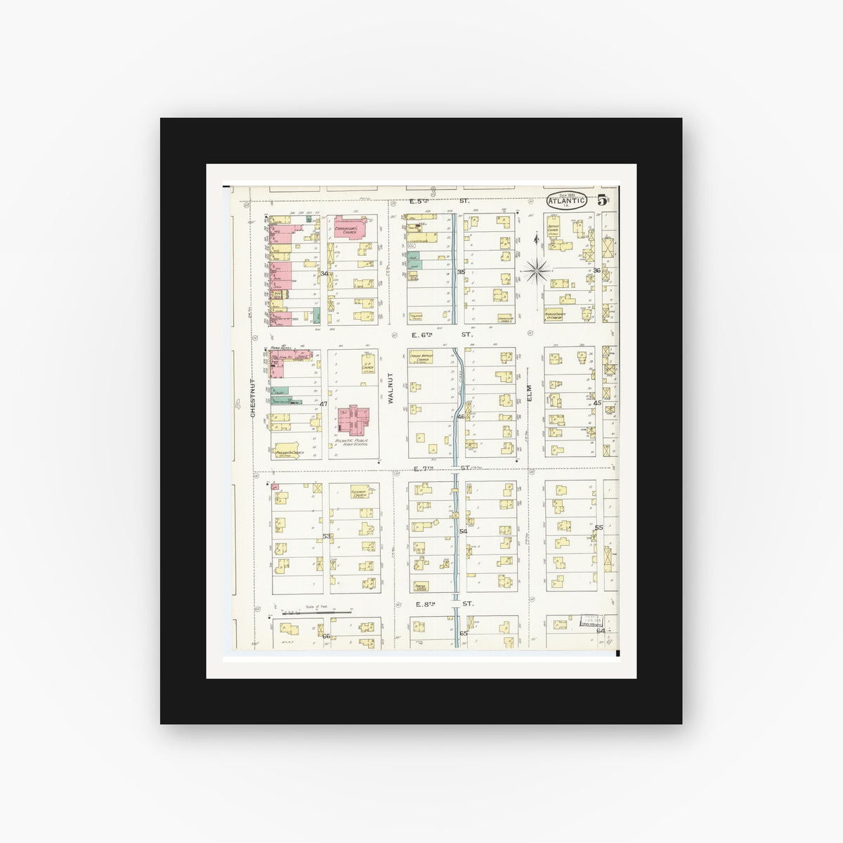 Old map wall art mockup — black gallery frame with white mat — Sanborn Fire Insurance Map from Atlantic, Cass County, Iowa (1893), Sheet #0005