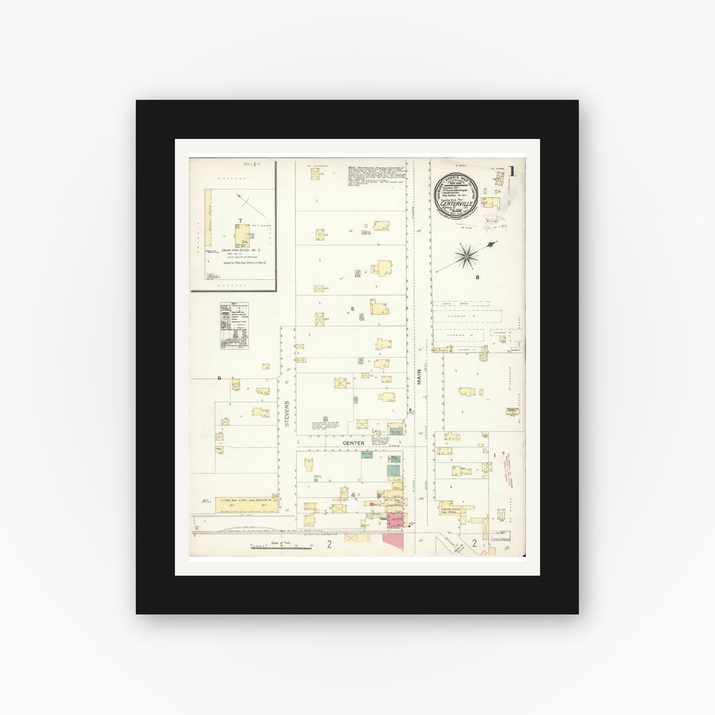 Old map wall art mockup — black gallery frame with white mat — Sanborn Fire Insurance Map from Centerville, Alameda County, California (1896), Sheet #0001