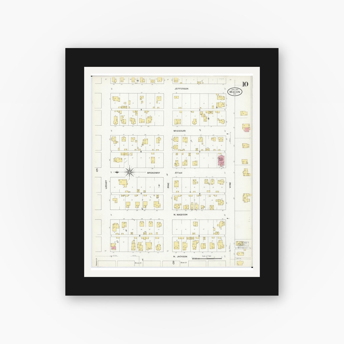 Old map wall art mockup — black gallery frame with white mat — Sanborn Fire Insurance Map from Macon, Macon County, Missouri (1909), Sheet #0010