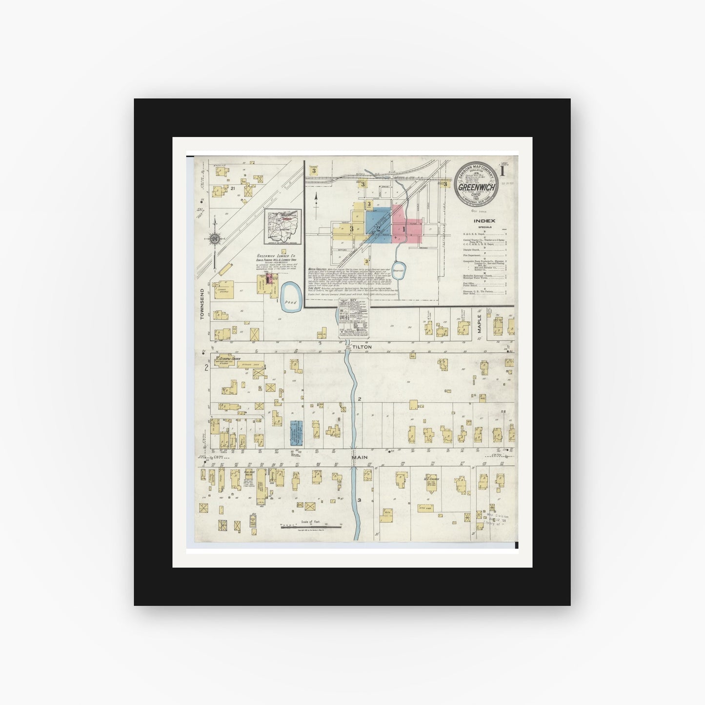 Old map wall art mockup β black gallery frame with white mat β Sanborn Fire Insurance Map from Greenwich, Huron County, Ohio (1921) - Complete Map Set