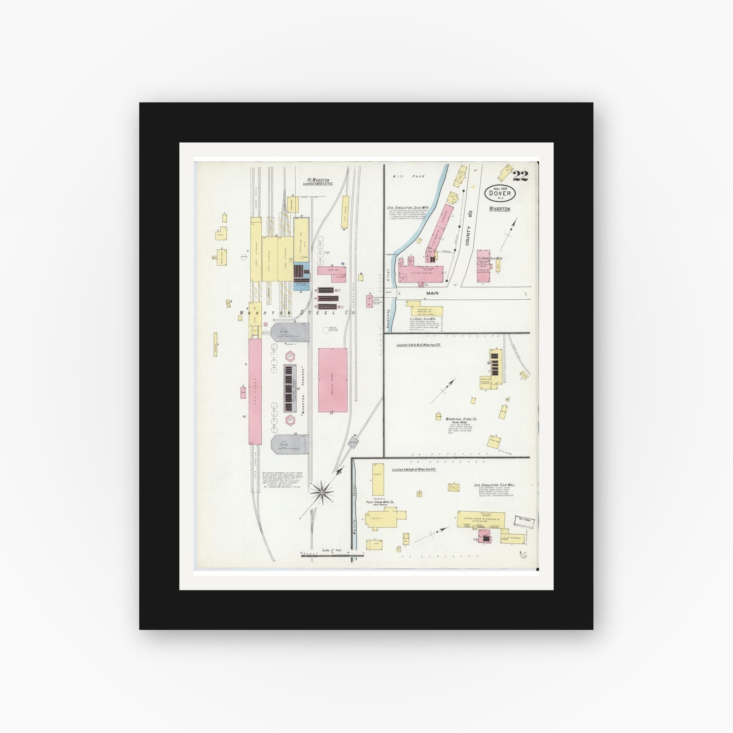 Old map wall art mockup — black gallery frame with white mat — Sanborn Fire Insurance Map from Dover, Morris County, New Jersey (1909), Sheet #0022