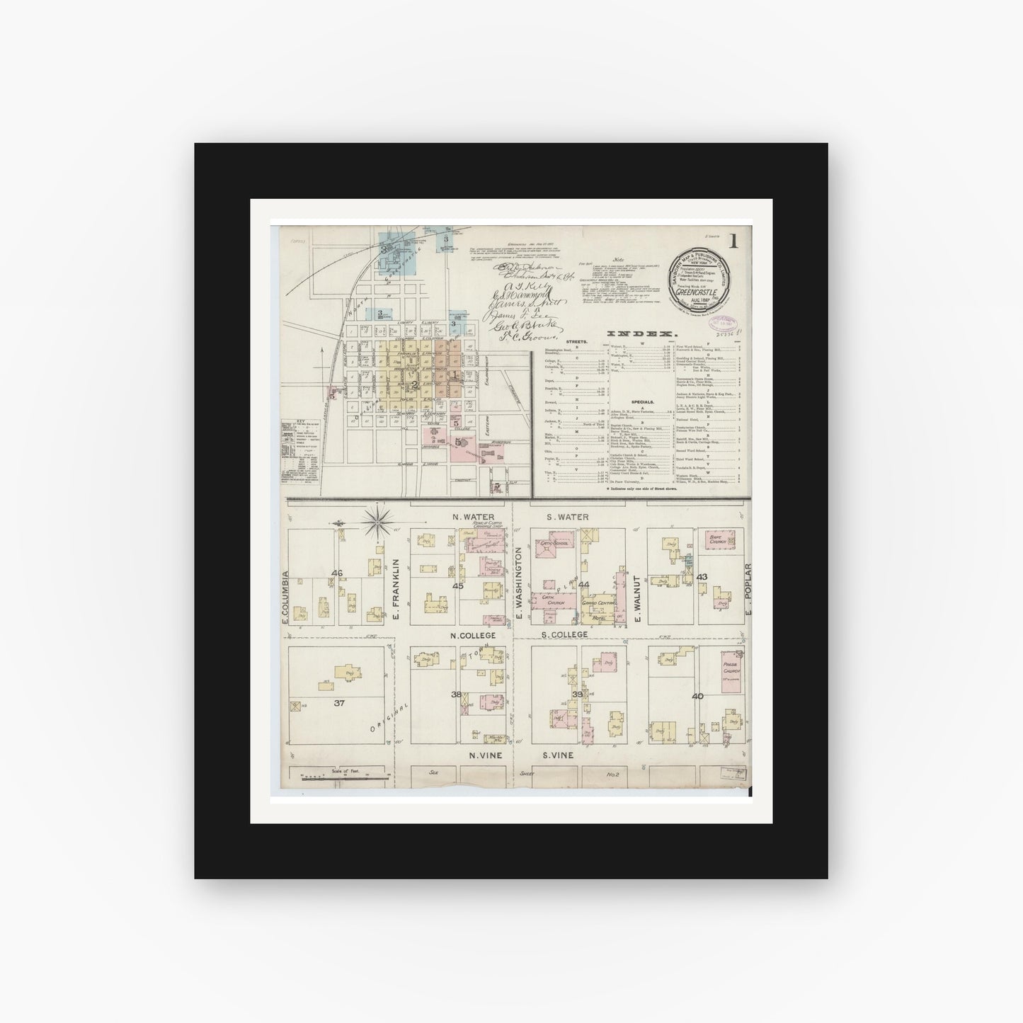 Old map wall art mockup — black gallery frame with white mat — Sanborn Fire Insurance Map from Greencastle, Putnam County, Indiana (1887) - Complete Map Set