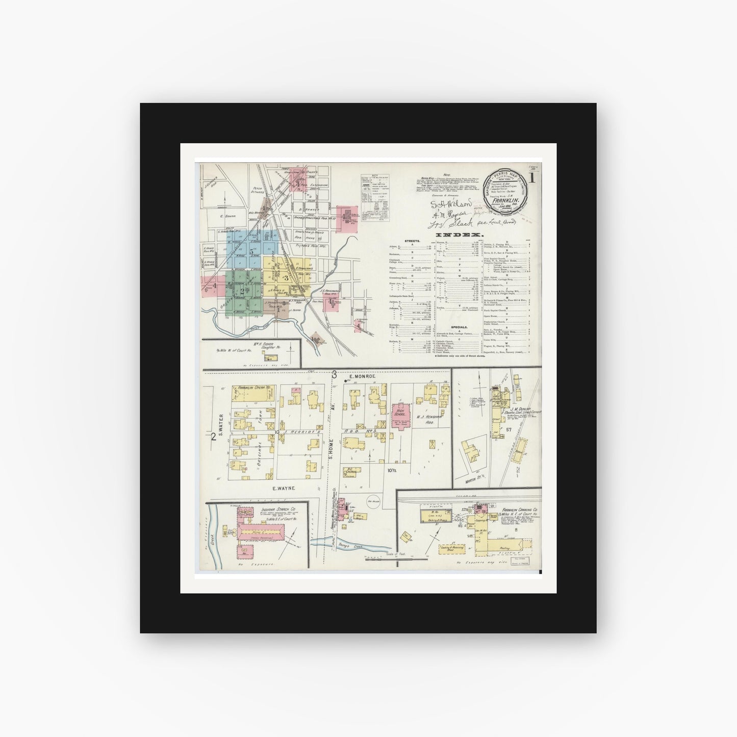 Old map wall art mockup — black gallery frame with white mat — Sanborn Fire Insurance Map from Franklin, Johnson County, Indiana (1896) - Complete Map Set
