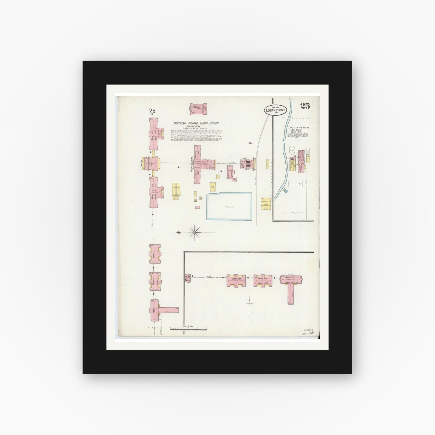 Old map wall art mockup — black gallery frame with white mat — Sanborn Fire Insurance Map from Logansport, Cass County, Indiana (1898), Sheet #0025