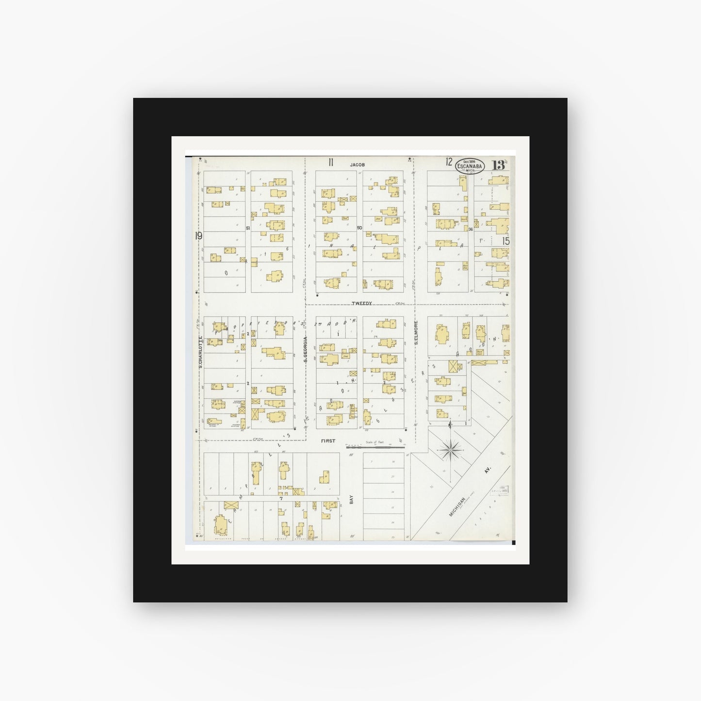 Old map wall art mockup — black gallery frame with white mat — Sanborn Fire Insurance Map from Escanaba, Delta County, Michigan (1899), Sheet #0013