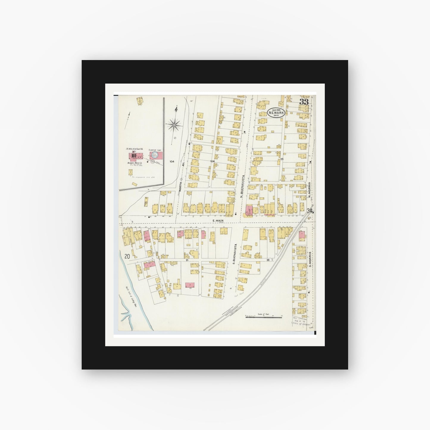 Old map wall art mockup — black gallery frame with white mat — Sanborn Fire Insurance Map from Newark, Licking County, Ohio (1905), Sheet #0033
