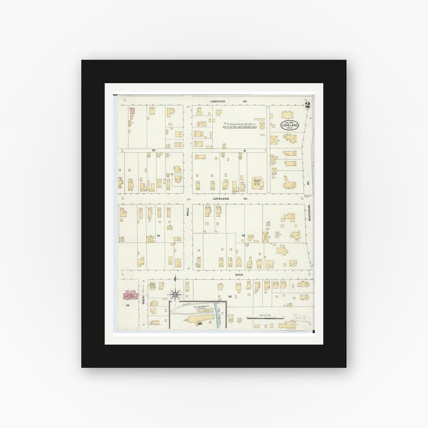 Old map wall art mockup — black gallery frame with white mat — Sanborn Fire Insurance Map from Loveland, Clermont, Hamilton, And Warren County, Ohio (1905), Sheet #0002
