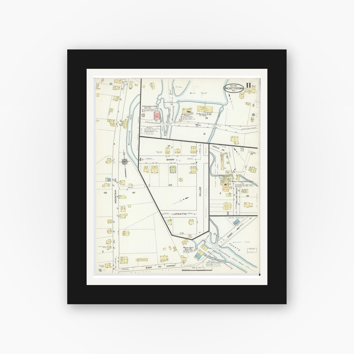 Old map wall art mockup — black gallery frame with white mat — Sanborn Fire Insurance Map from Hackettstown, Warren County, New Jersey (1914), Sheet #0011