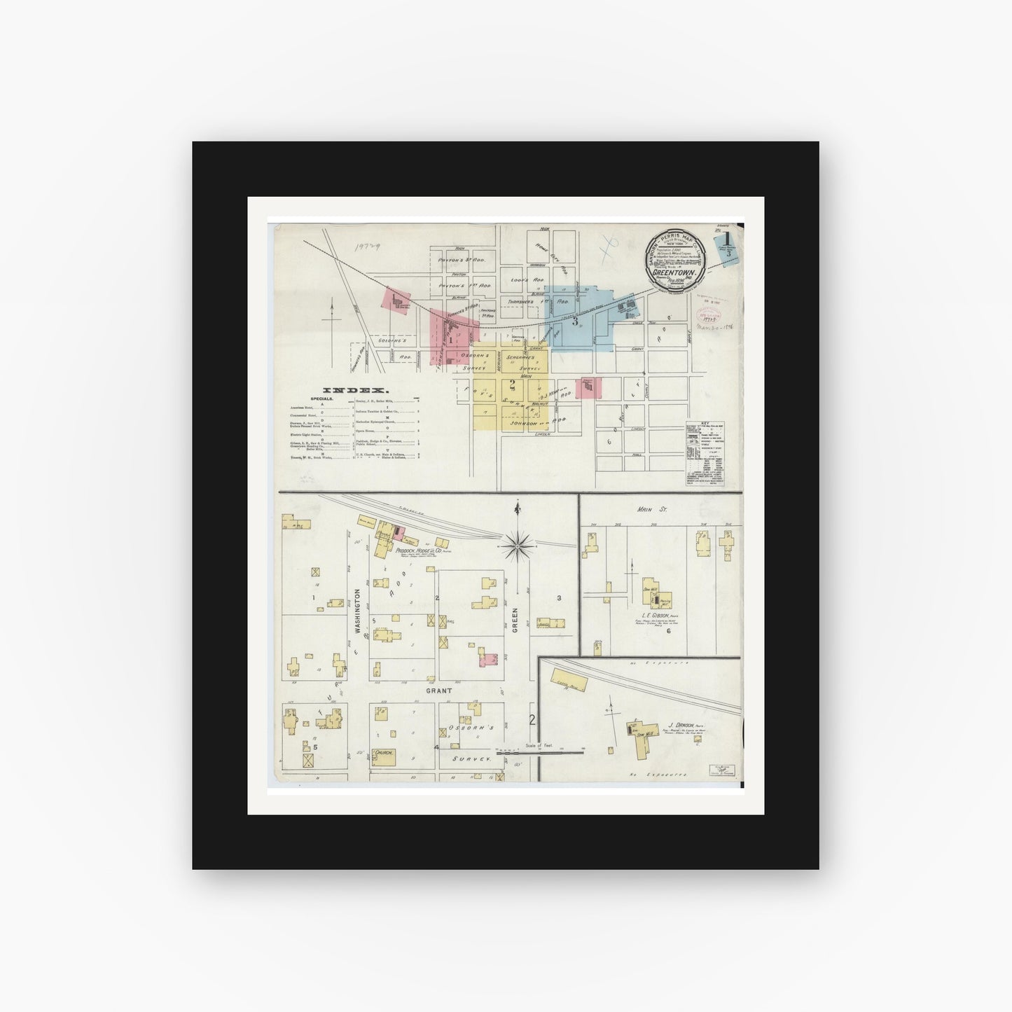 Old map wall art mockup — black gallery frame with white mat — Sanborn Fire Insurance Map from Greentown, Howard County, Indiana (1896), Sheet #0001
