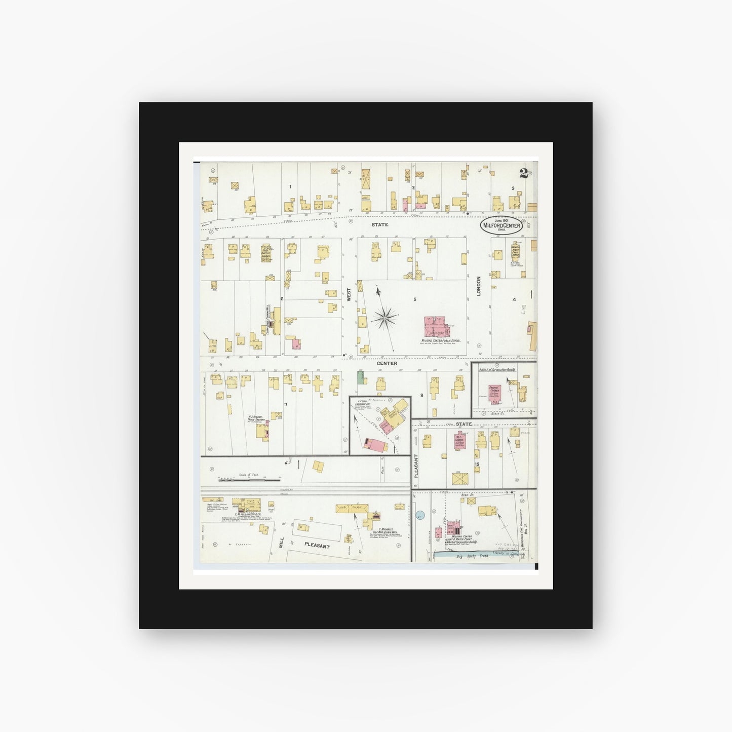 Old map wall art mockup — black gallery frame with white mat — Sanborn Fire Insurance Map from Milford Center, Union County, Ohio (1901), Sheet #0002