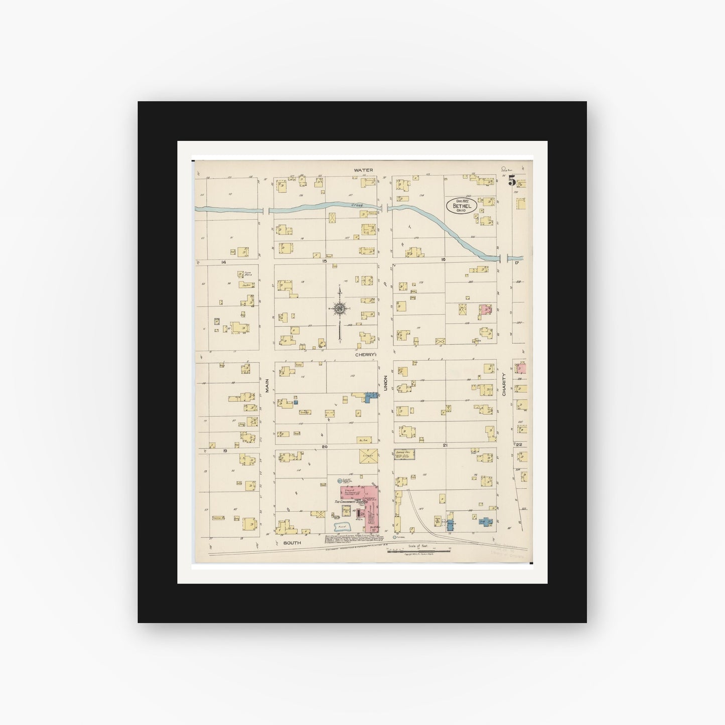 Old map wall art mockup — black gallery frame with white mat — Sanborn Fire Insurance Map from Bethel, Clermont County, Ohio (1922), Sheet #0005
