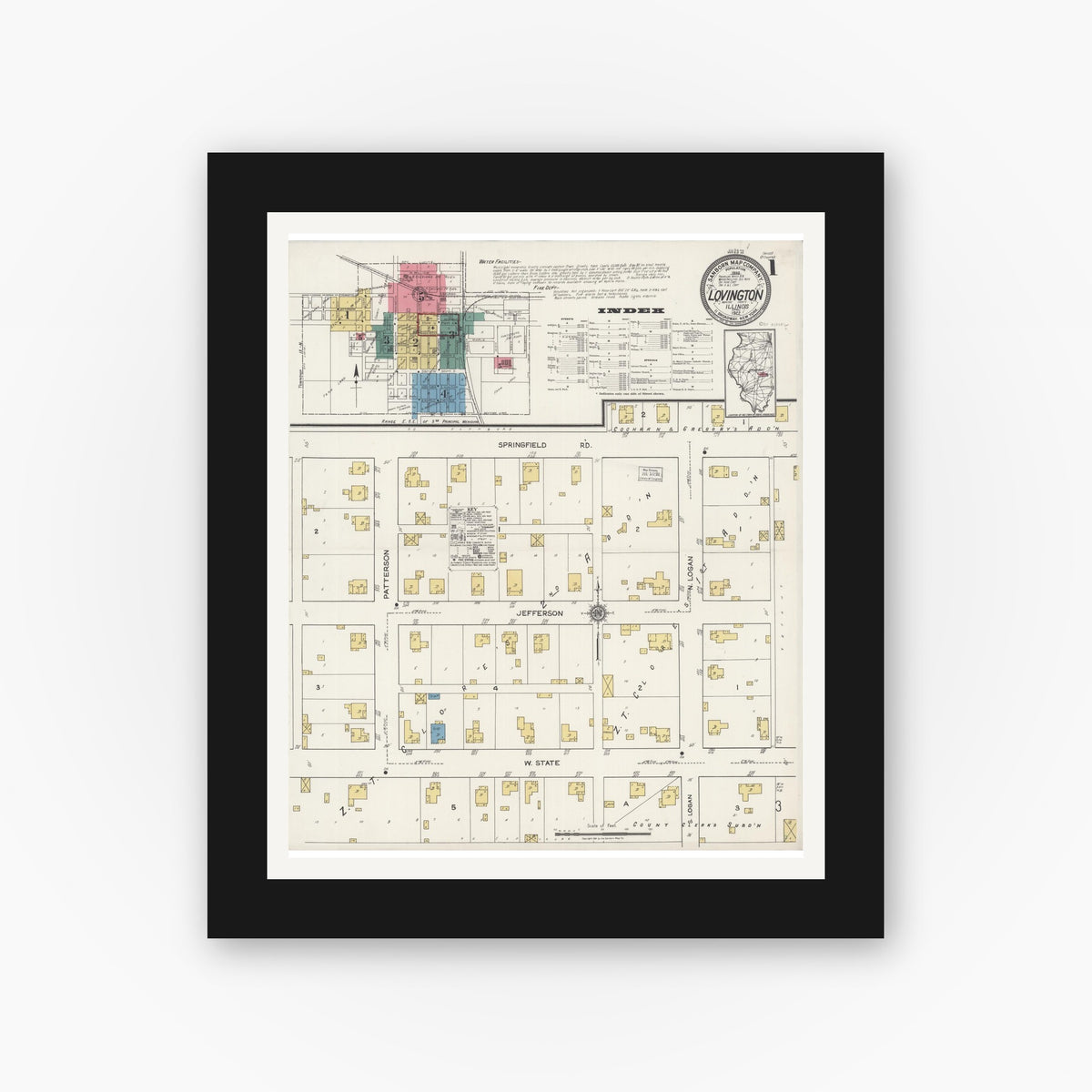 Old map wall art mockup — black gallery frame with white mat — Sanborn Fire Insurance Map from Lovington, Moultrie County, Illinois (1922) - Complete Map Set