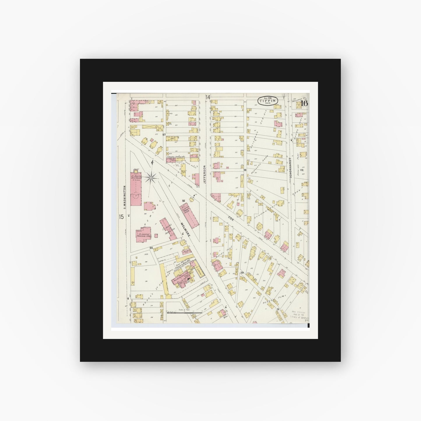 Old map wall art mockup — black gallery frame with white mat — Sanborn Fire Insurance Map from Tiffin, Seneca County, Ohio (1896), Sheet #0016