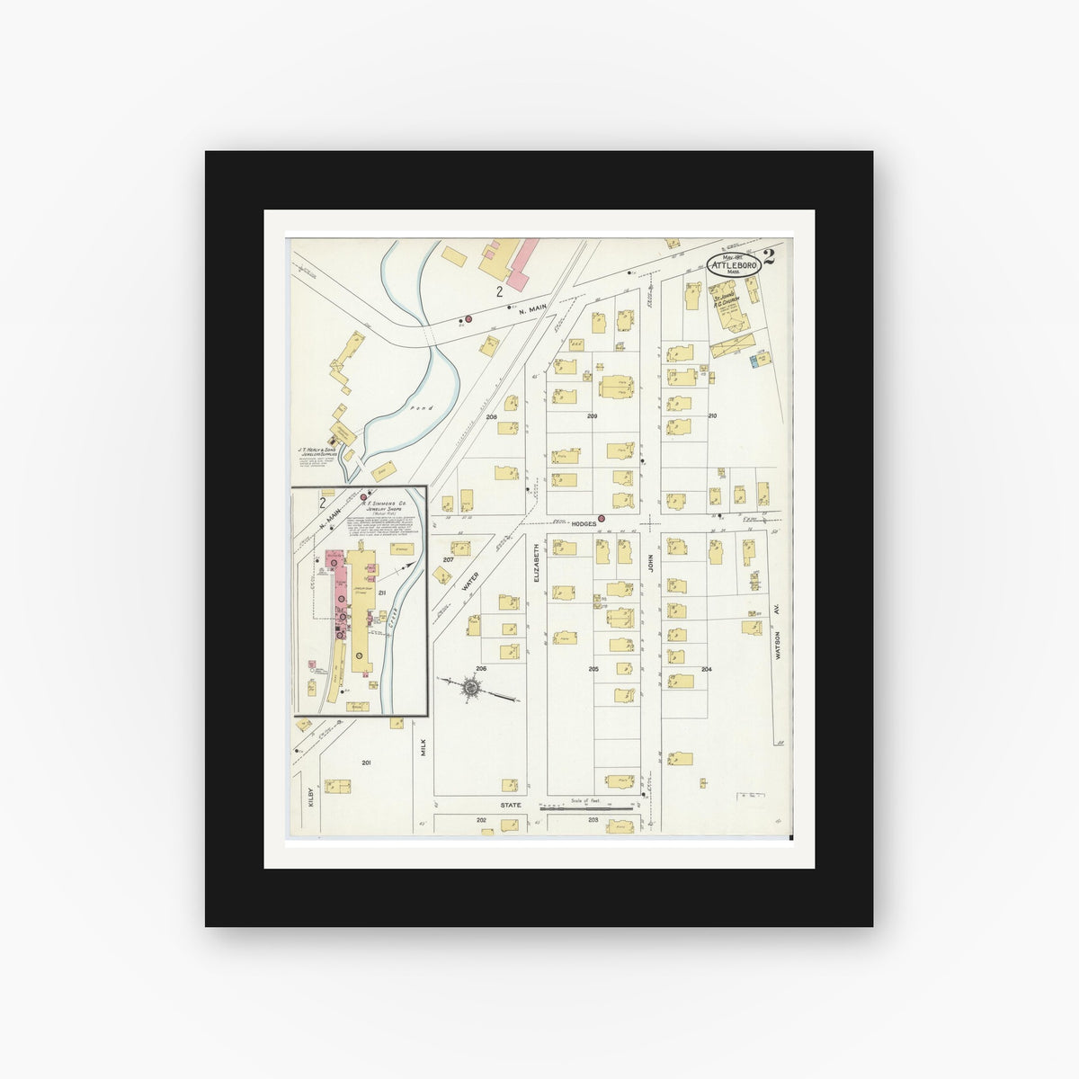 Old map wall art mockup — black gallery frame with white mat — Sanborn Fire Insurance Map from Attleboro, Bristol County, Massachusetts (1911) - Complete Map Set