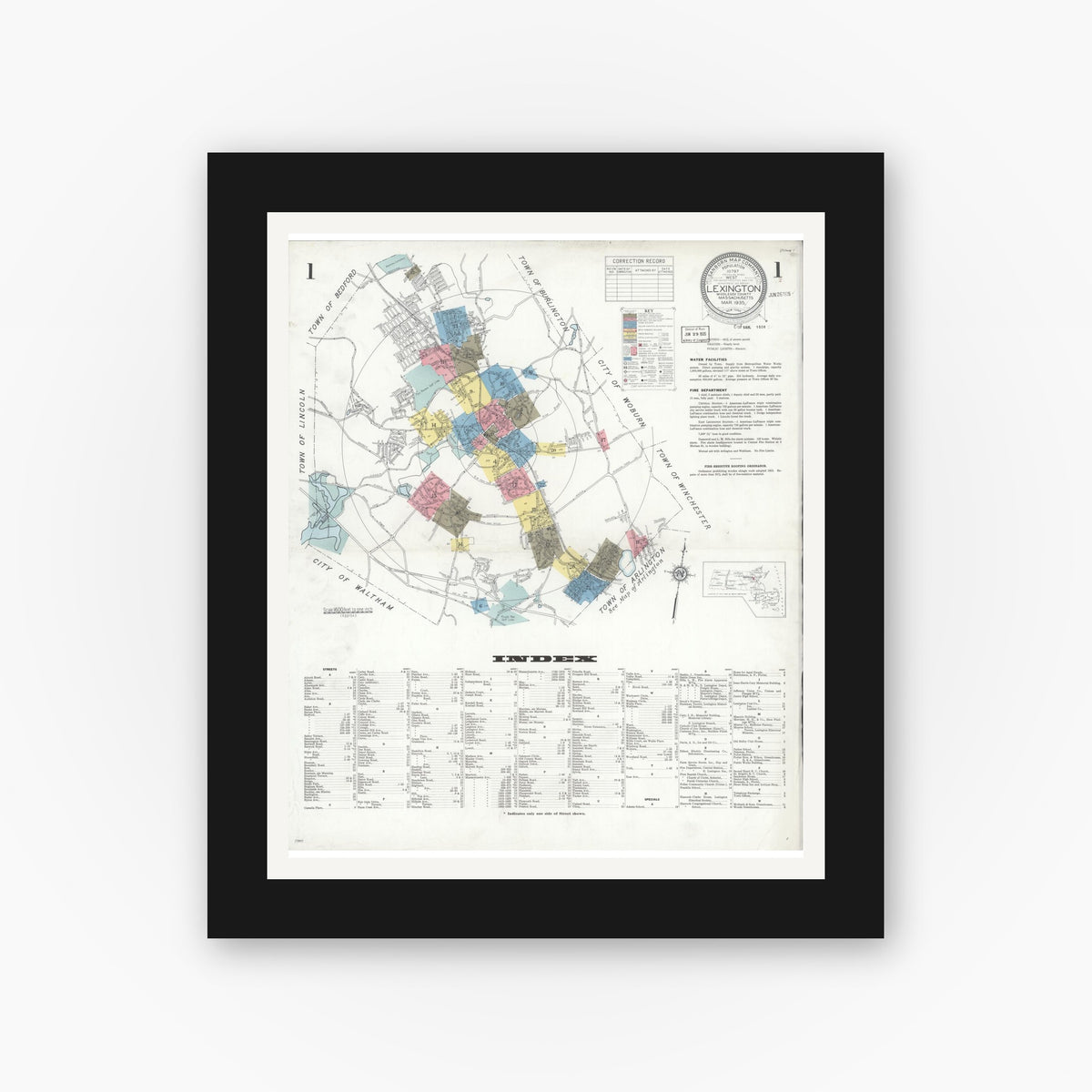 Old map wall art mockup — black gallery frame with white mat — Sanborn Fire Insurance Map from Lexington, Middlesex County, Massachusetts (1935) - Complete Map Set
