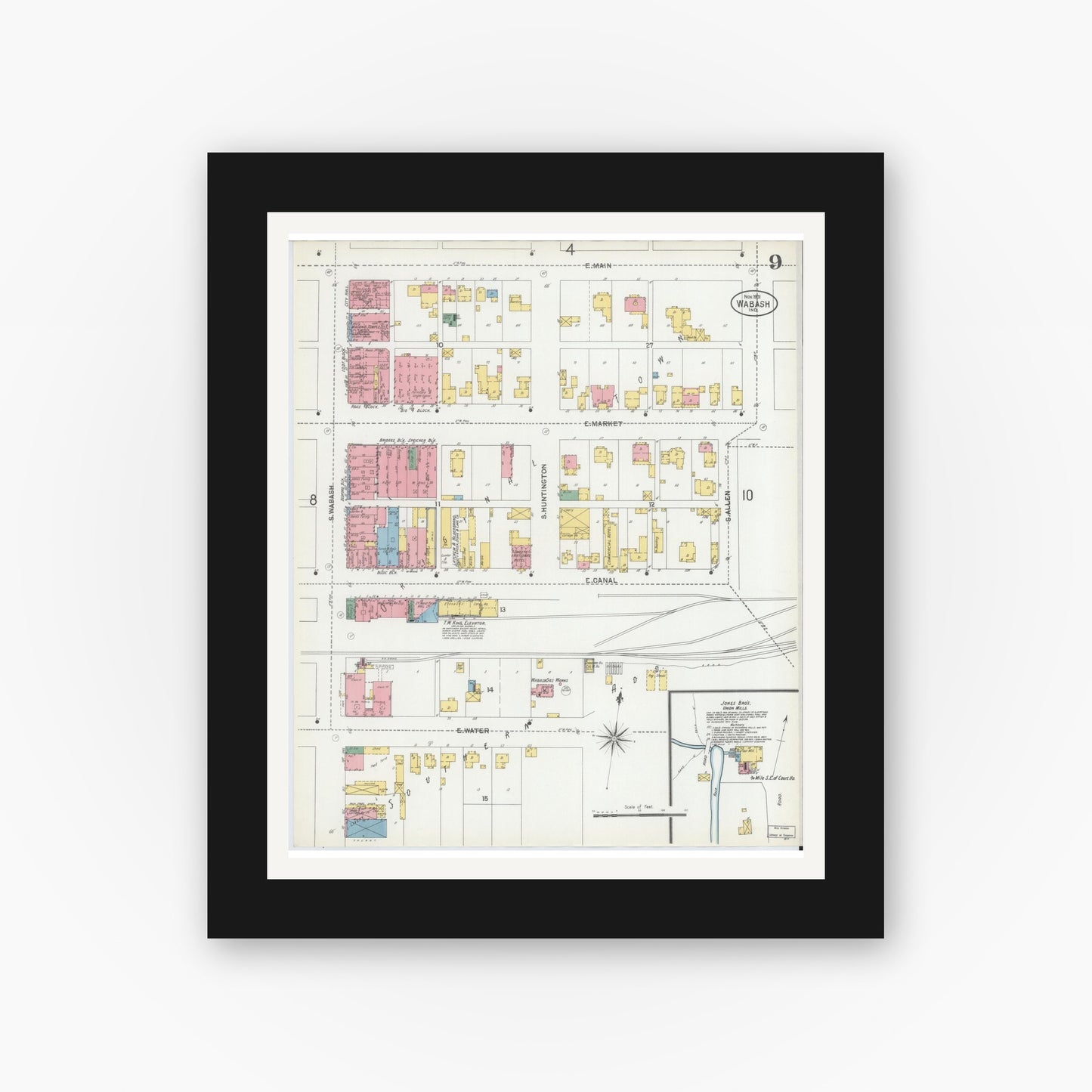 Old map wall art mockup — black gallery frame with white mat — Sanborn Fire Insurance Map from Wabash, Wabash County, Indiana (1901), Sheet #0009