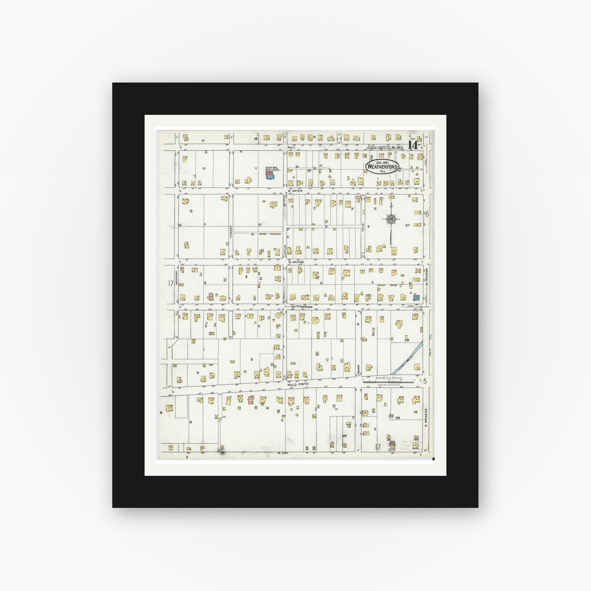 Old map wall art mockup — black gallery frame with white mat — Sanborn Fire Insurance Map from Weatherford, Parker County, Texas (1921), Sheet #0014