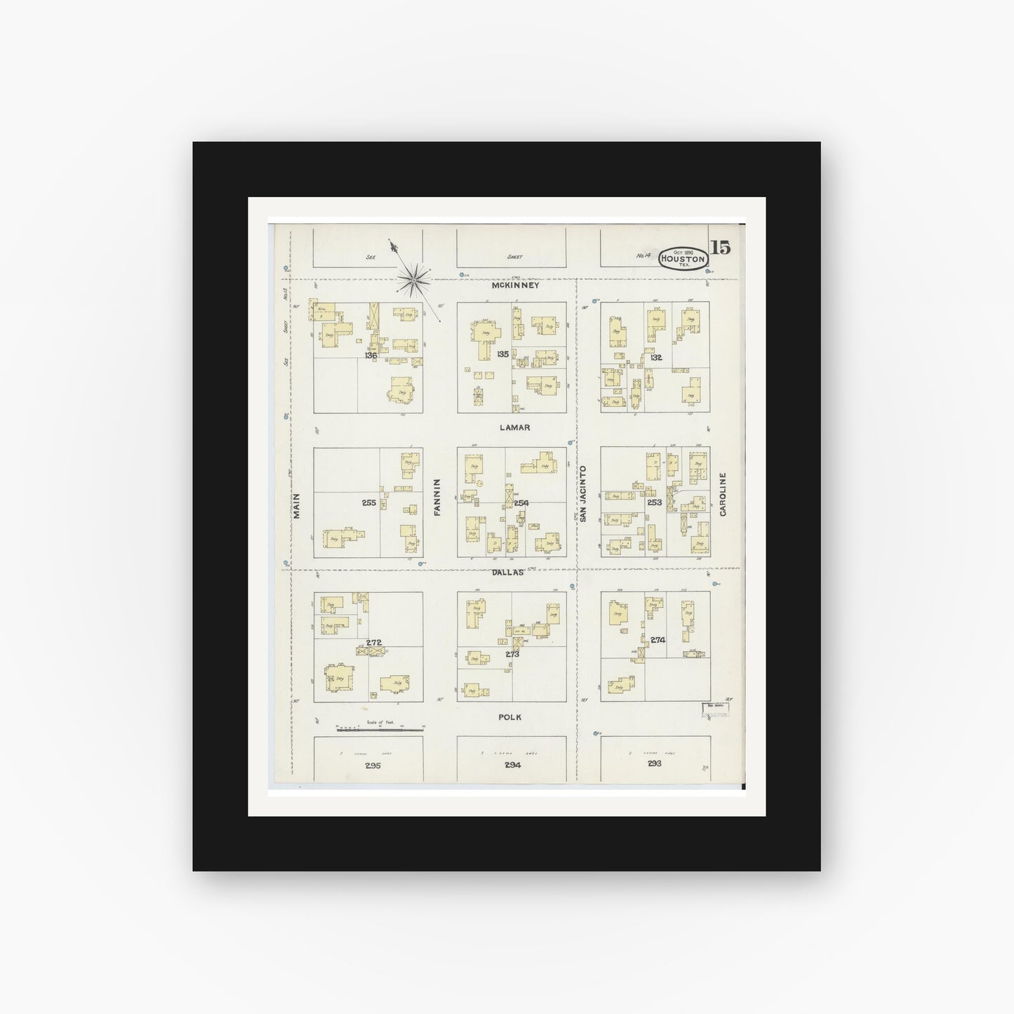 Old map wall art mockup — black gallery frame with white mat — Sanborn Fire Insurance Map from Houston, Harris County, Texas (1890), Sheet #0015