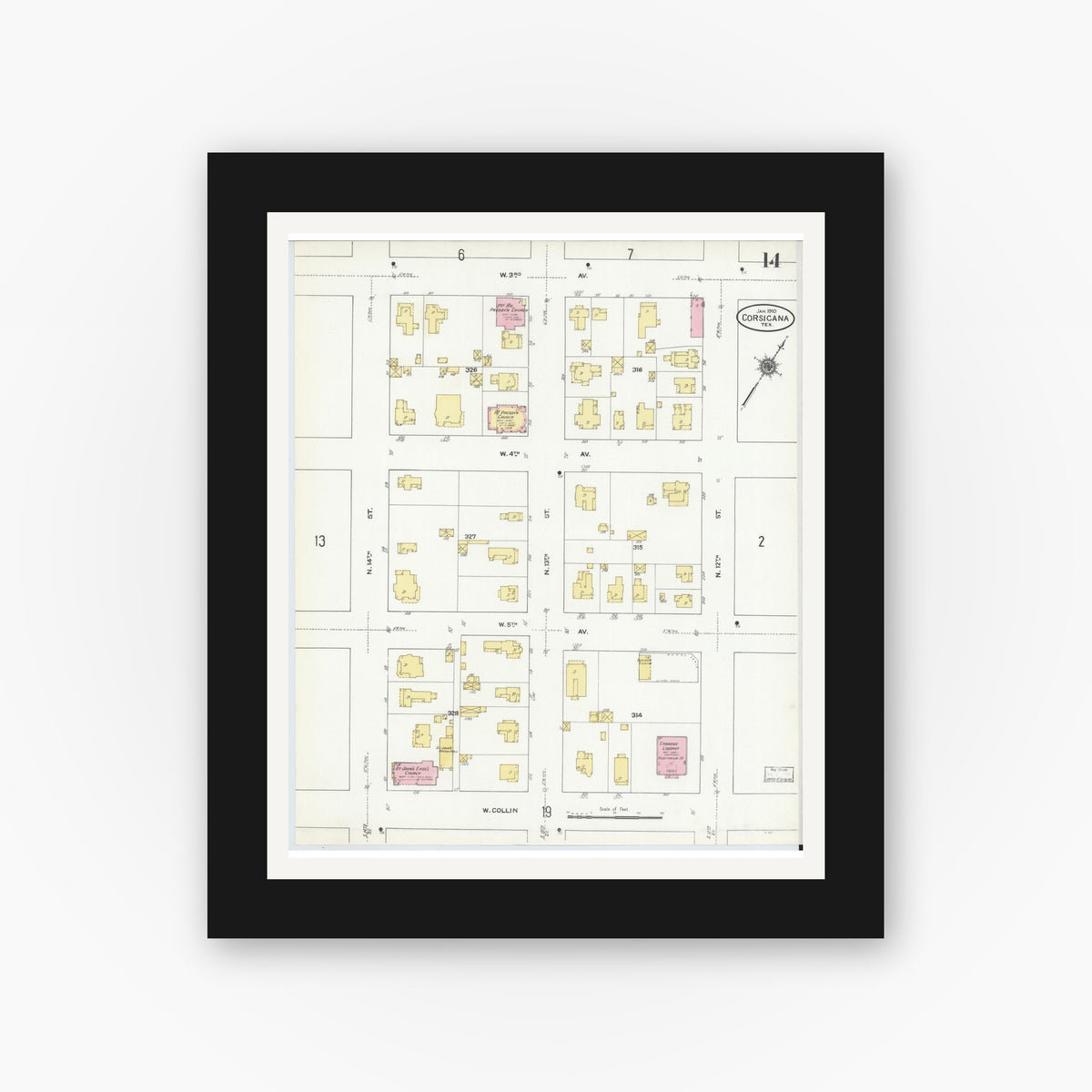 Old map wall art mockup — black gallery frame with white mat — Sanborn Fire Insurance Map from Corsicana, Navarro County, Texas (1910), Sheet #0014