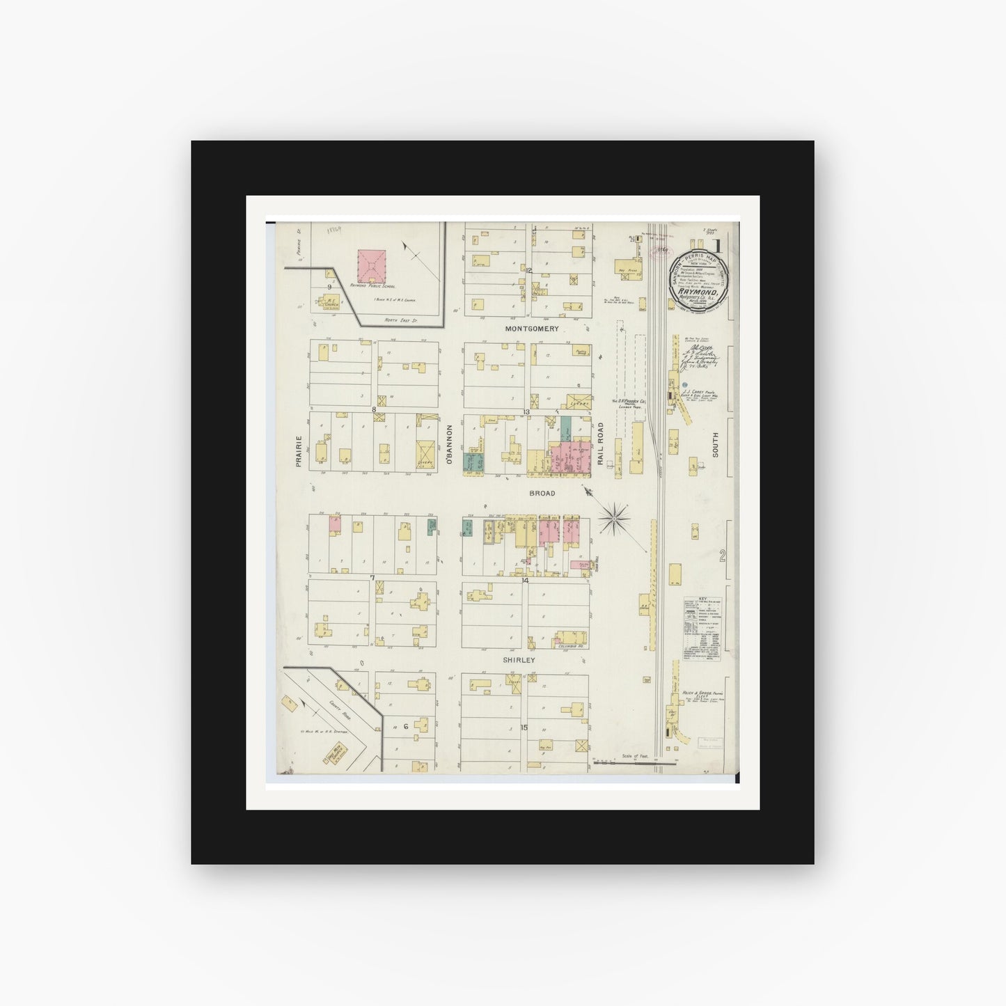 Old map wall art mockup — black gallery frame with white mat — Sanborn Fire Insurance Map from Raymond, Montgomery County, Illinois (1894), Sheet #0001