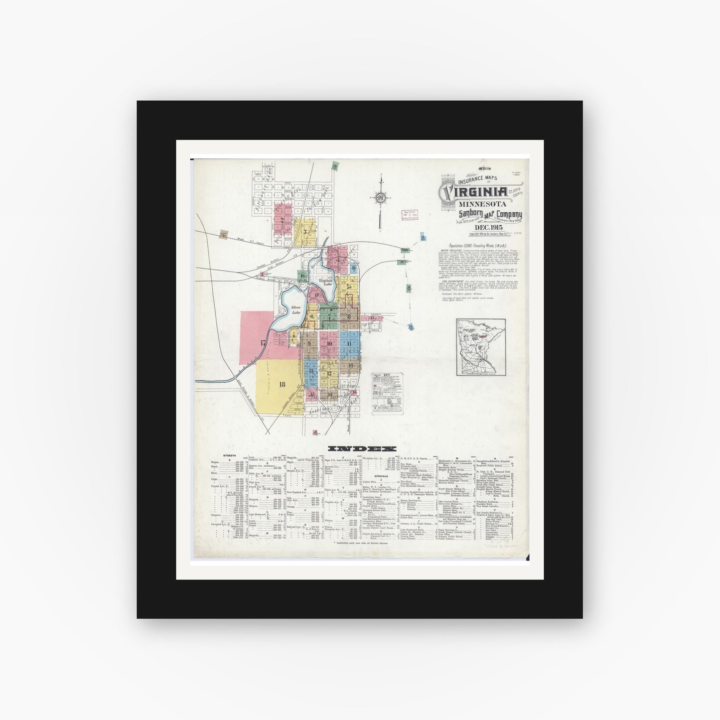 Old map wall art mockup — black gallery frame with white mat — Sanborn Fire Insurance Map from Virginia, Saint Louis County, Minnesota (1915) - Complete Map Set