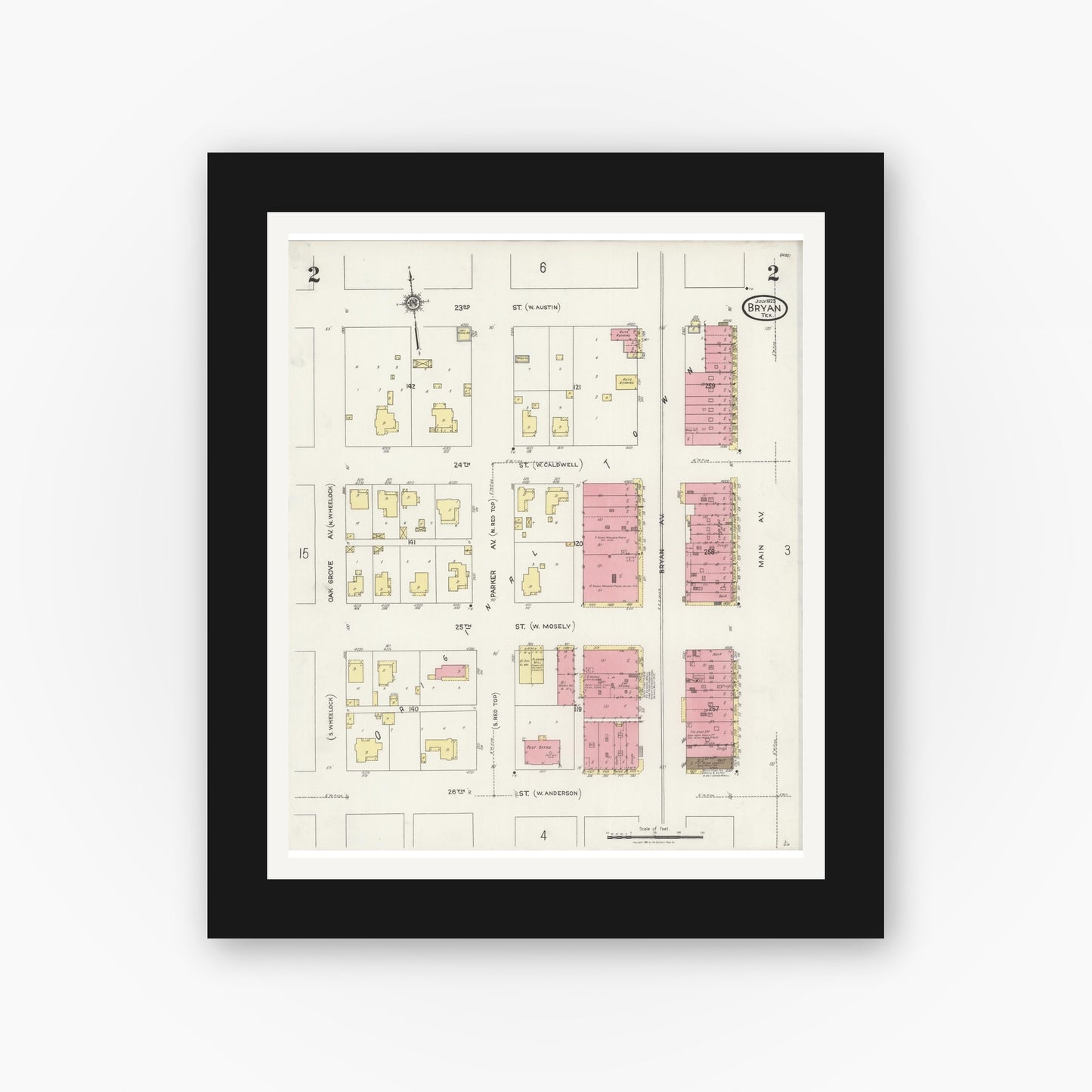 Old map wall art mockup — black gallery frame with white mat — Sanborn Fire Insurance Map from Bryan, Brazos County, Texas (1925), Sheet #0002