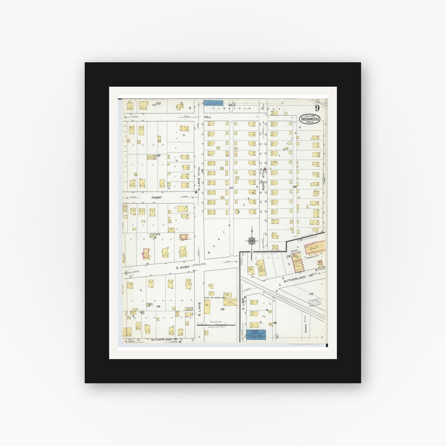 Old map wall art mockup — black gallery frame with white mat — Sanborn Fire Insurance Map from Ironwood, Gogebic County, Michigan (1921), Sheet #0009