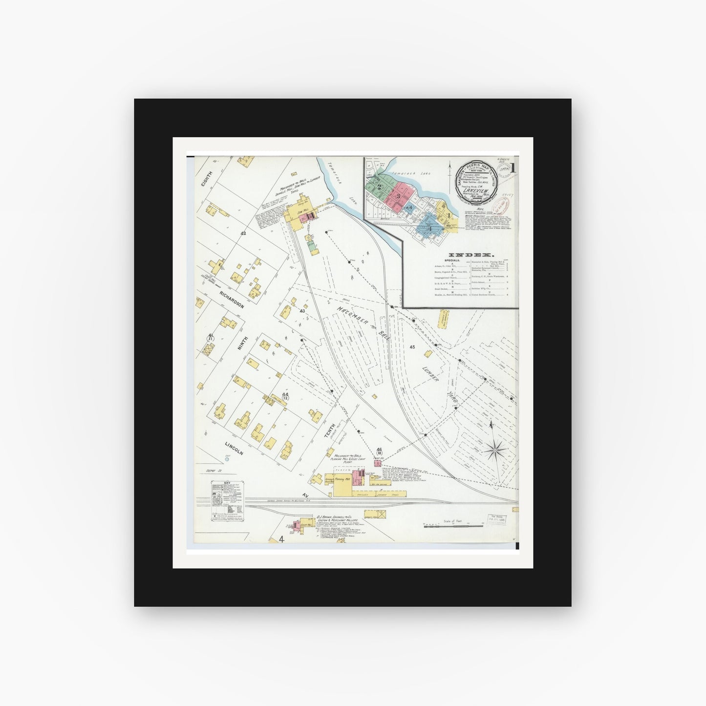 Old map wall art mockup — black gallery frame with white mat — Sanborn Fire Insurance Map from Lakeview, Montcalm County, Michigan (1899) - Complete Map Set