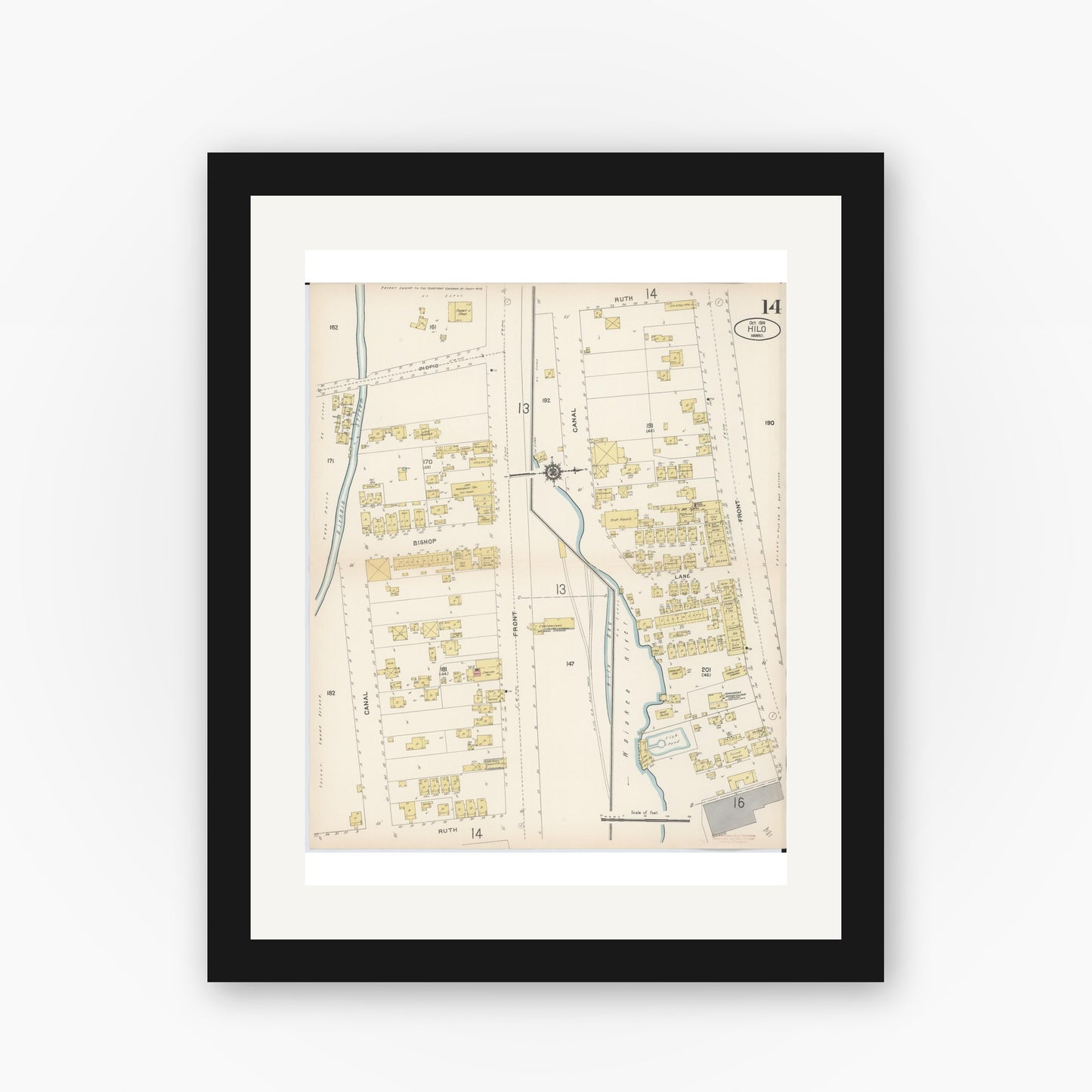 Old map wall art mockup — black gallery frame with white mat — Sanborn Fire Insurance Map from Hilo, Hawaii County, Hawaii (1914), Sheet #0014