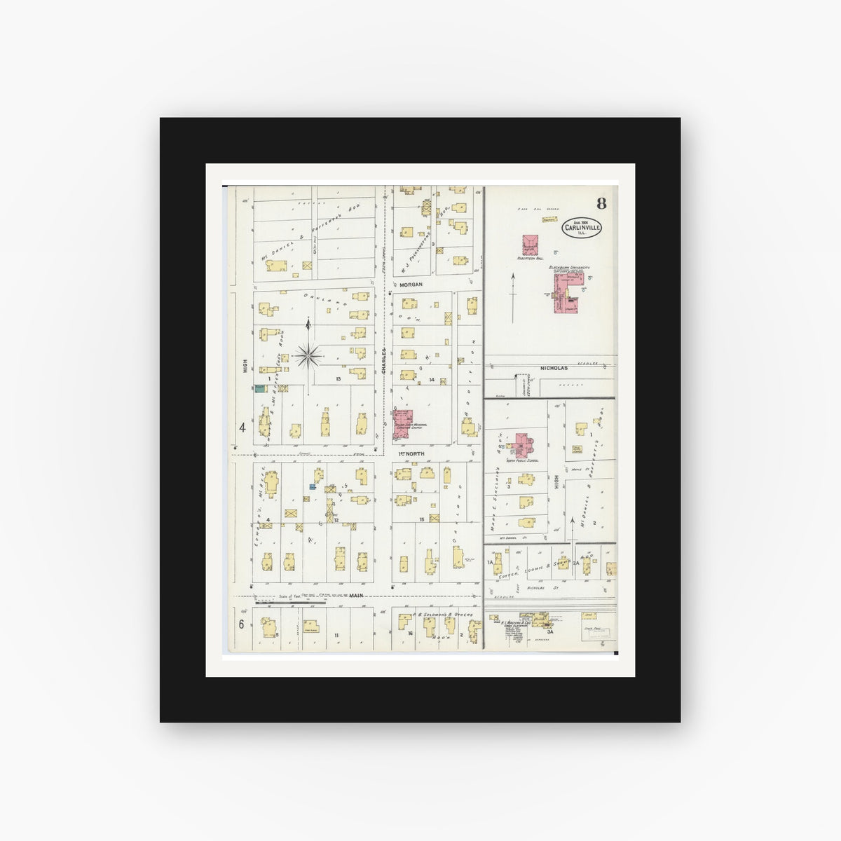 Old map wall art mockup — black gallery frame with white mat — Sanborn Fire Insurance Map from Carlinville, Macoupin County, Illinois (1906), Sheet #0008