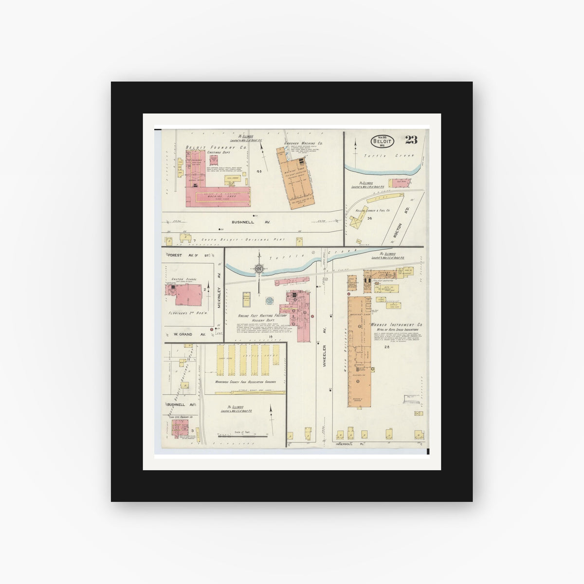 Old map wall art mockup — black gallery frame with white mat — Sanborn Fire Insurance Map from Beloit, Rock County, Wisconsin (1915), Sheet #0023