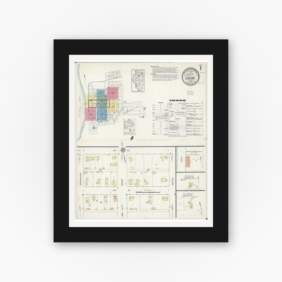 Old map wall art mockup — black gallery frame with white mat — Sanborn Fire Insurance Map from Lacon, Marshall County, Illinois (1913), Sheet #0001