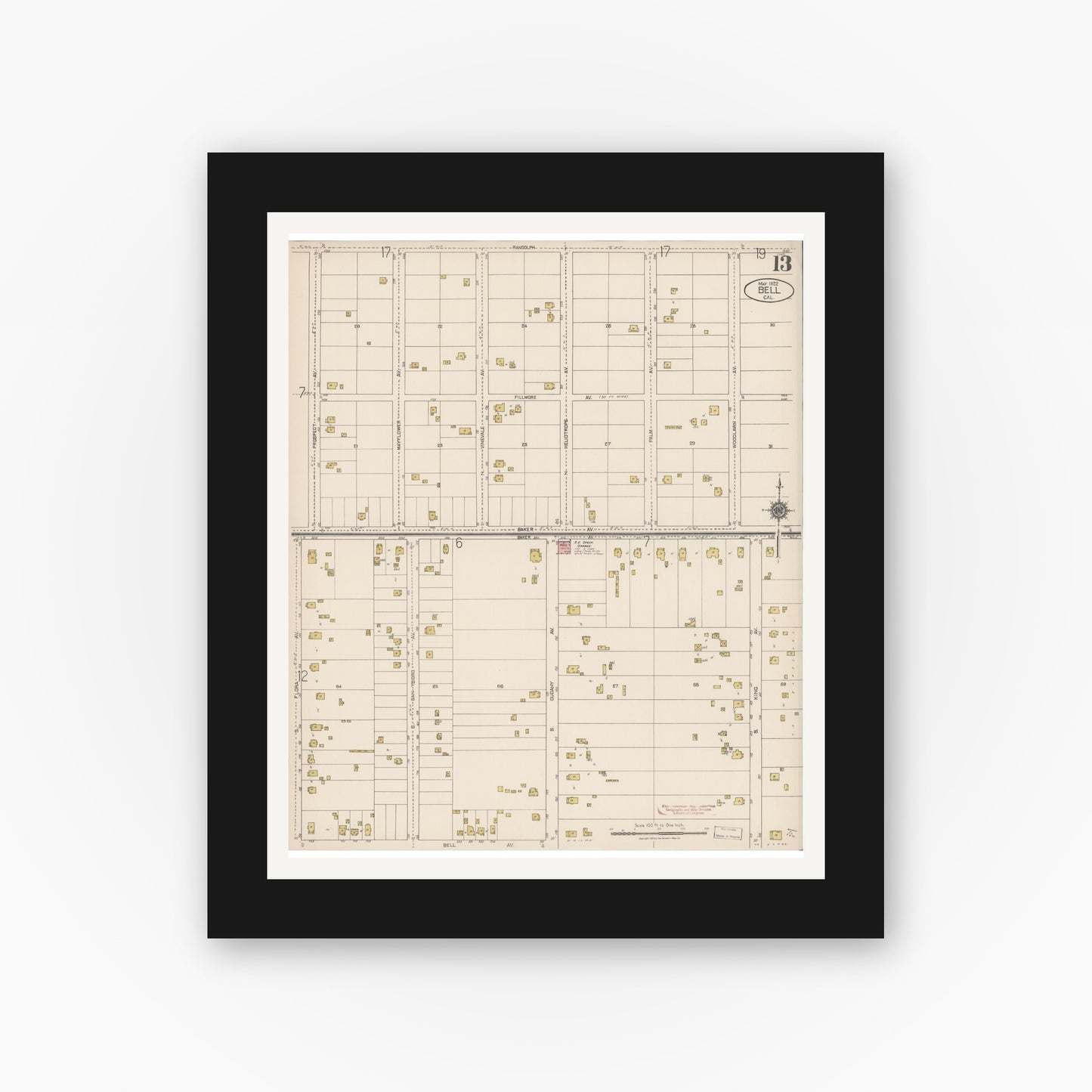 Old map wall art mockup — black gallery frame with white mat — Sanborn Fire Insurance Map from Bell, Los Angeles County, California (1922), Sheet #0013