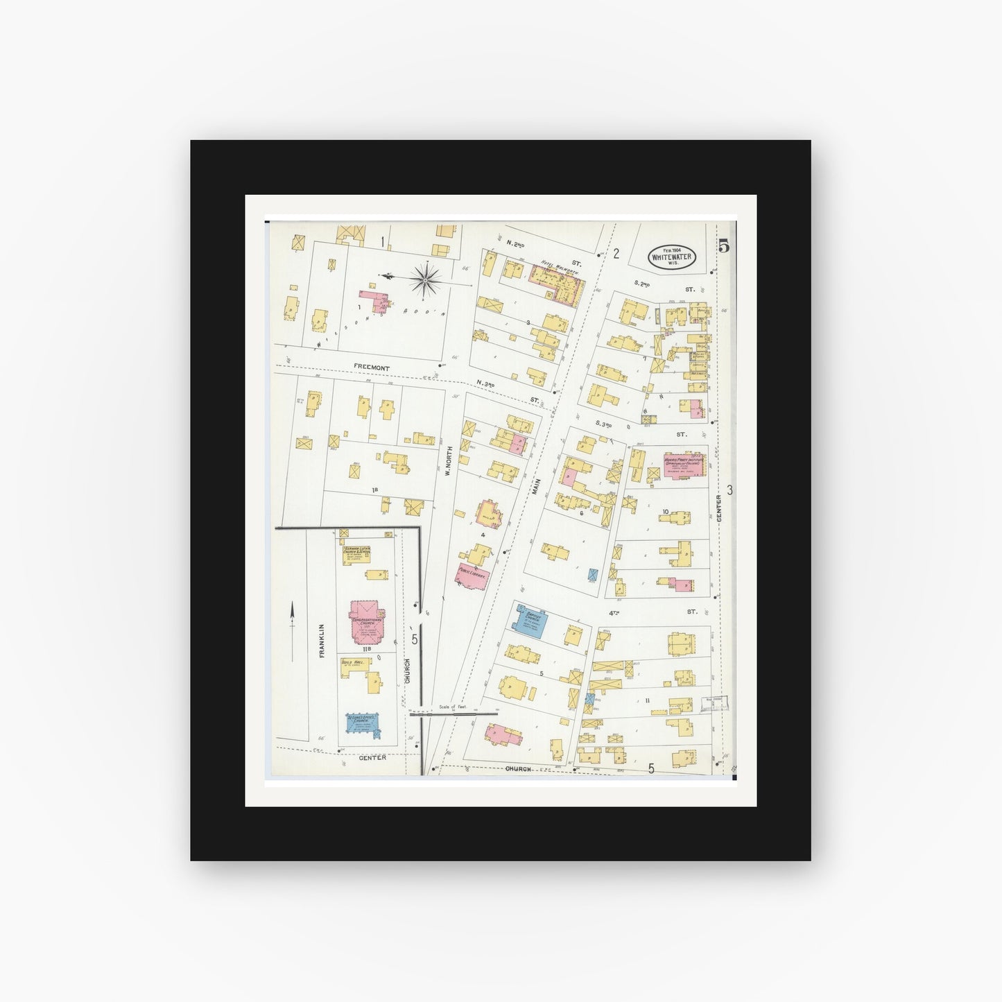 Old map wall art mockup — black gallery frame with white mat — Sanborn Fire Insurance Map from Whitewater, Walworth County, Wisconsin (1904), Sheet #0005