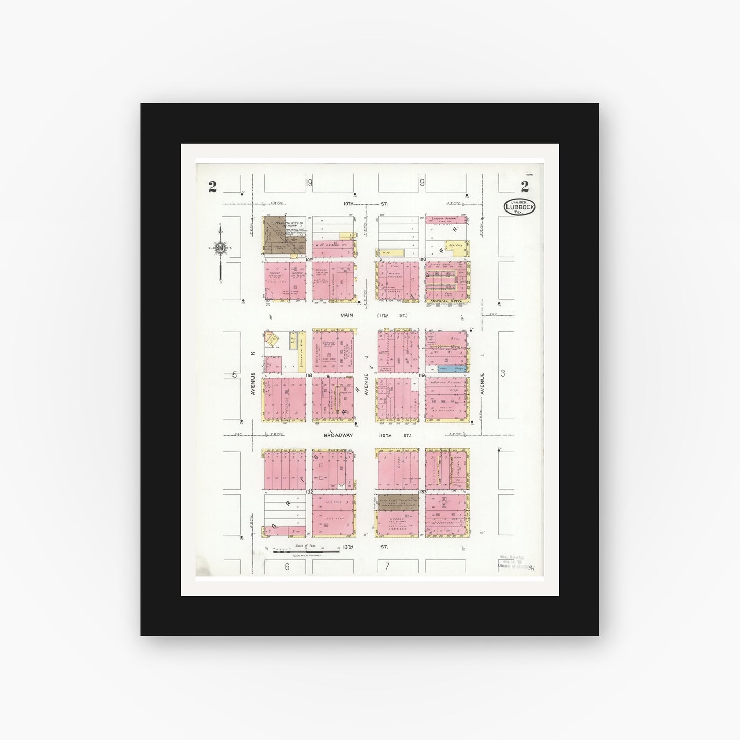Old map wall art mockup — black gallery frame with white mat — Sanborn Fire Insurance Map from Lubbock, Lubbock County, Texas (1926), Sheet #0002