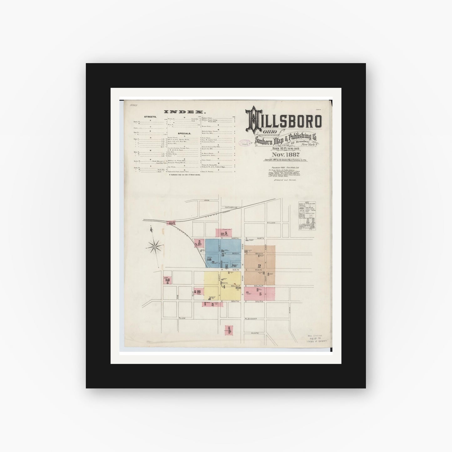 Old map wall art mockup — black gallery frame with white mat — Sanborn Fire Insurance Map from Hillsboro, Highland County, Ohio (1887), Sheet #0001