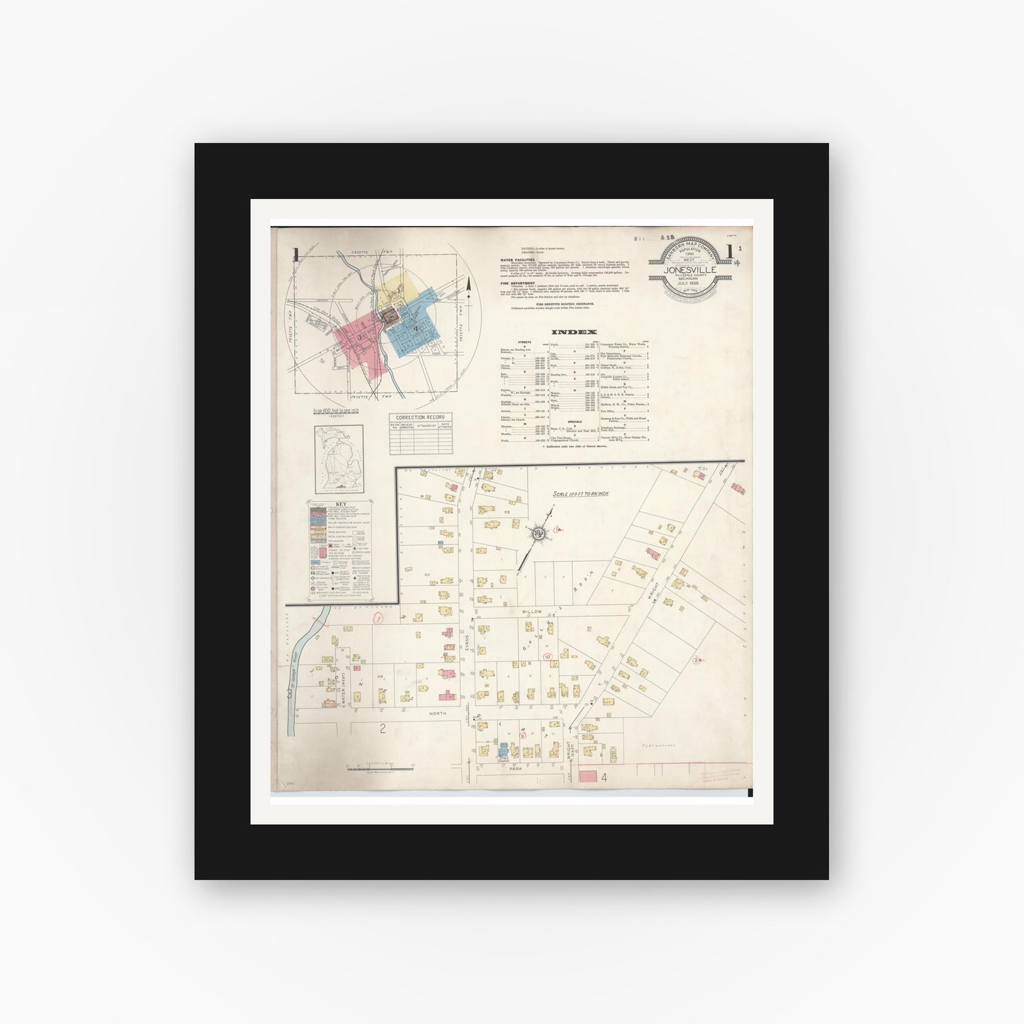 Old map wall art mockup — black gallery frame with white mat — Sanborn Fire Insurance Map from Jonesville, Hillsdale County, Michigan (1938) - Complete Map Set