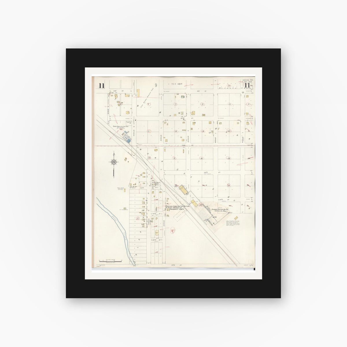 Old map wall art mockup — black gallery frame with white mat — Sanborn Fire Insurance Map from Snyder, Scurry County, Texas (1942), Sheet #0011