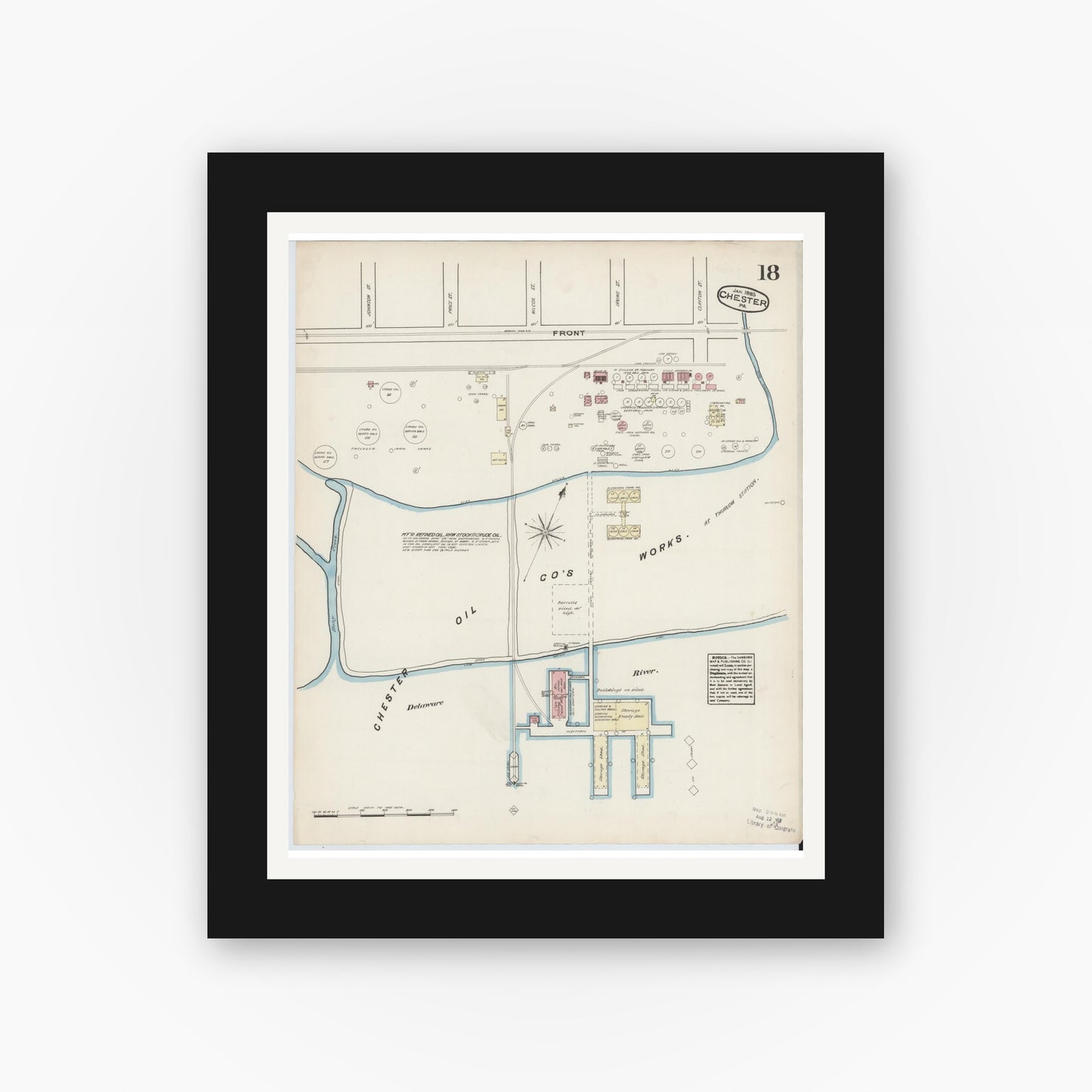Old map wall art mockup — black gallery frame with white mat — Sanborn Fire Insurance Map from Chester, Delaware County, Pennsylvania (1885), Sheet #0018