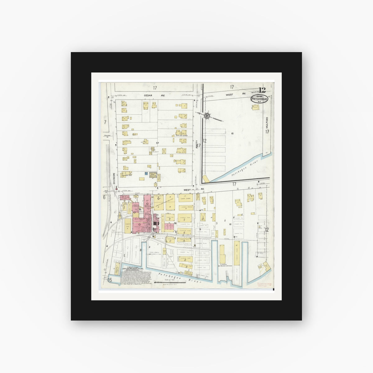 Old map wall art mockup — black gallery frame with white mat — Sanborn Fire Insurance Map from Patchogue, Suffolk County, New York (1916), Sheet #0012
