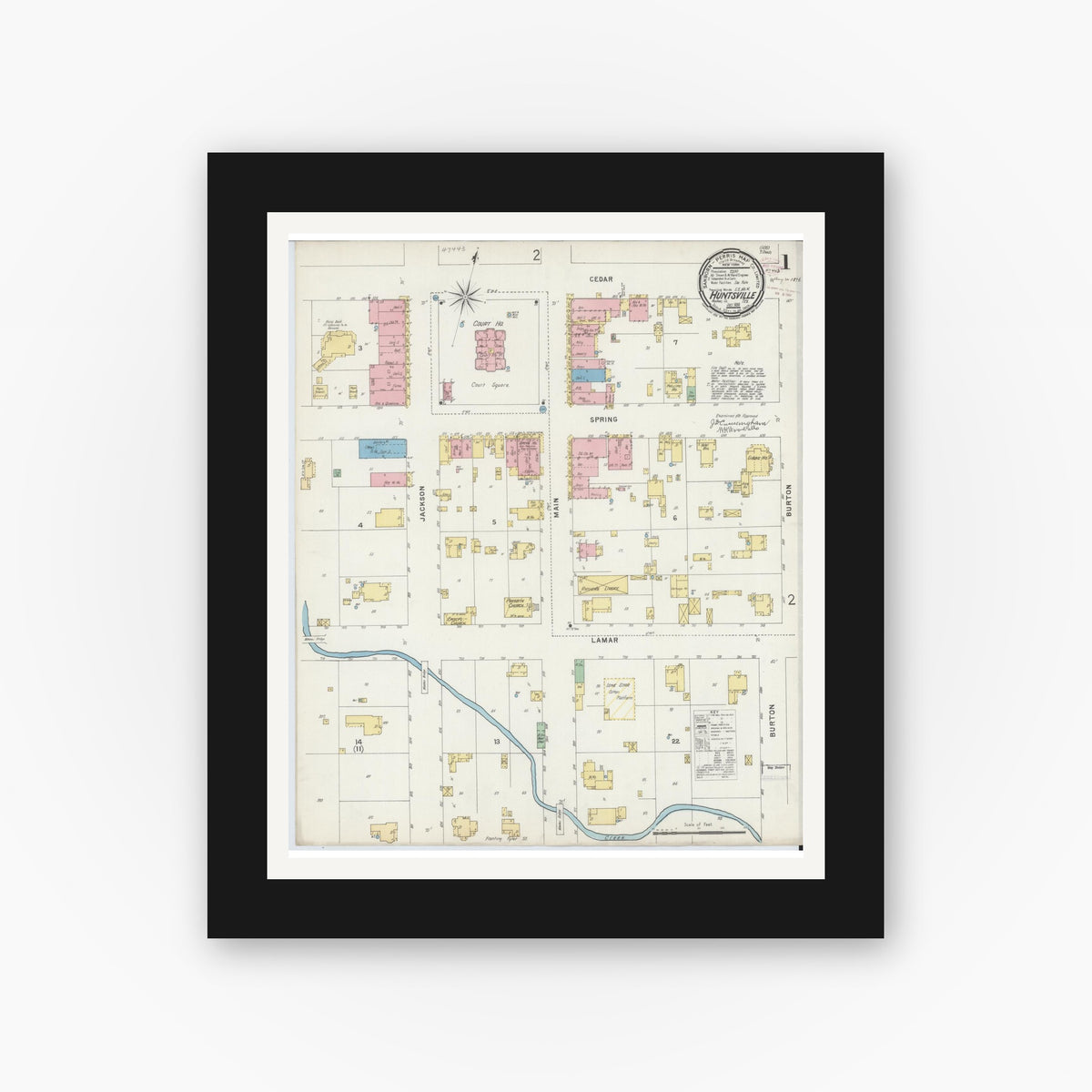 Old map wall art mockup — black gallery frame with white mat — Sanborn Fire Insurance Map from Huntsville, Walker County, Texas (1896) - Complete Map Set