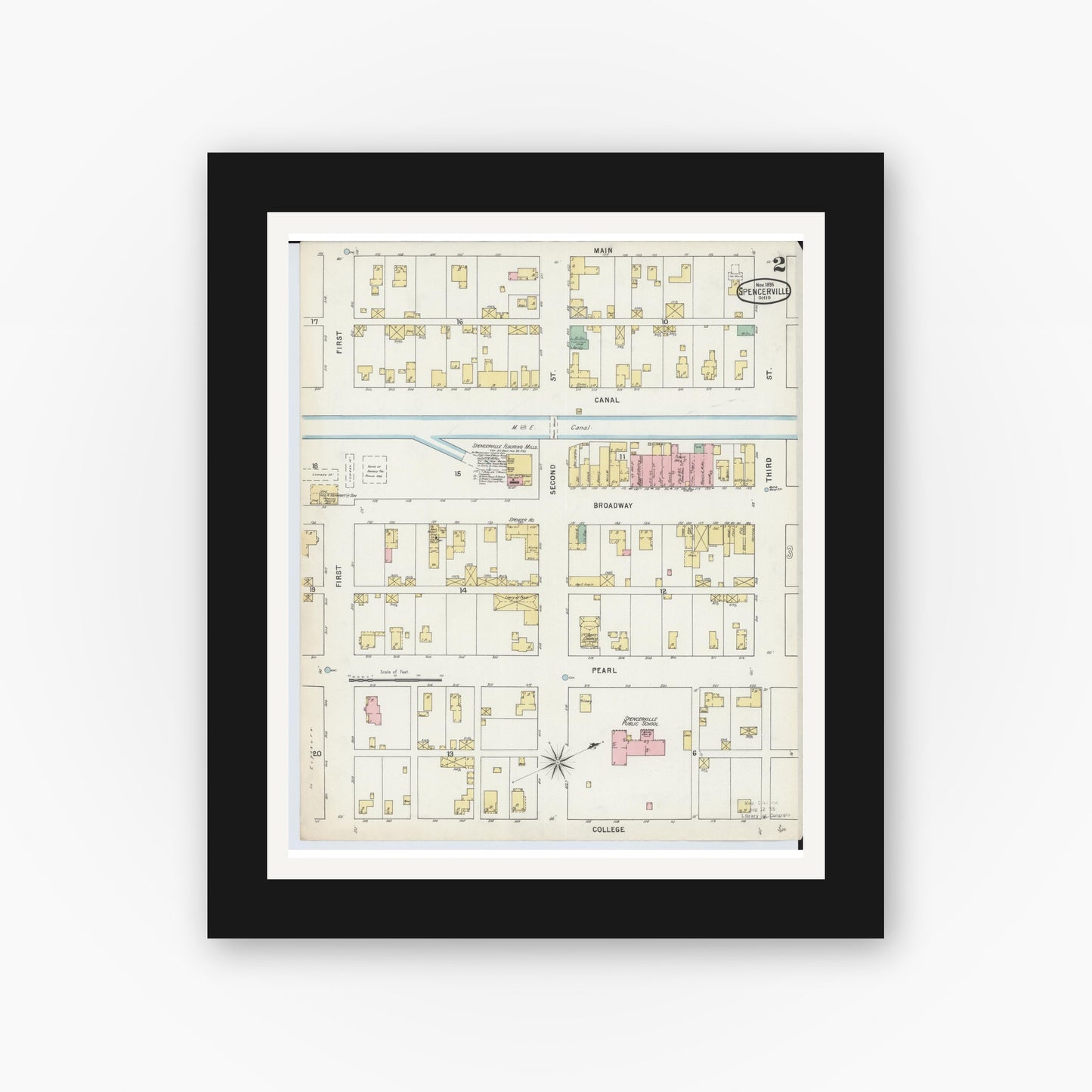 Old map wall art mockup — black gallery frame with white mat — Sanborn Fire Insurance Map from Spencerville, Allen County, Ohio (1895), Sheet #0002