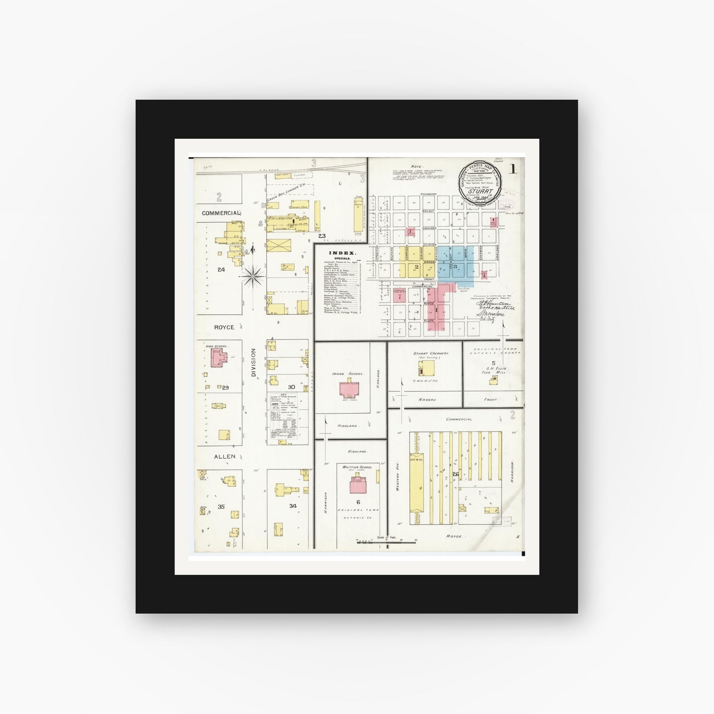 Old map wall art mockup — black gallery frame with white mat — Sanborn Fire Insurance Map from Stuart, Guthrie and Adair Counties, Iowa (1894) — Complete Set