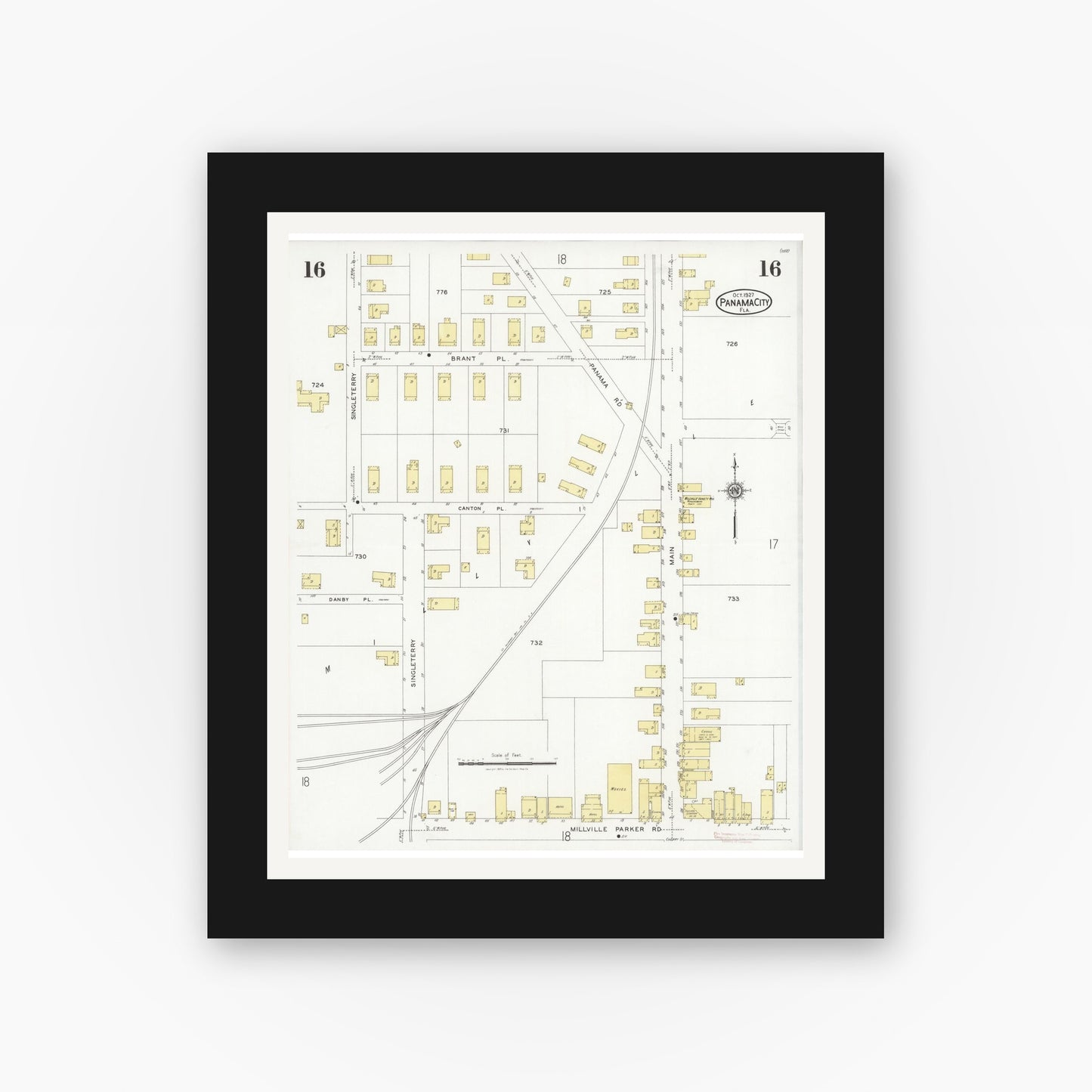 Old map wall art mockup — black gallery frame with white mat — Sanborn Fire Insurance Map from Panama City, Bay County, Florida (1927), Sheet #0016