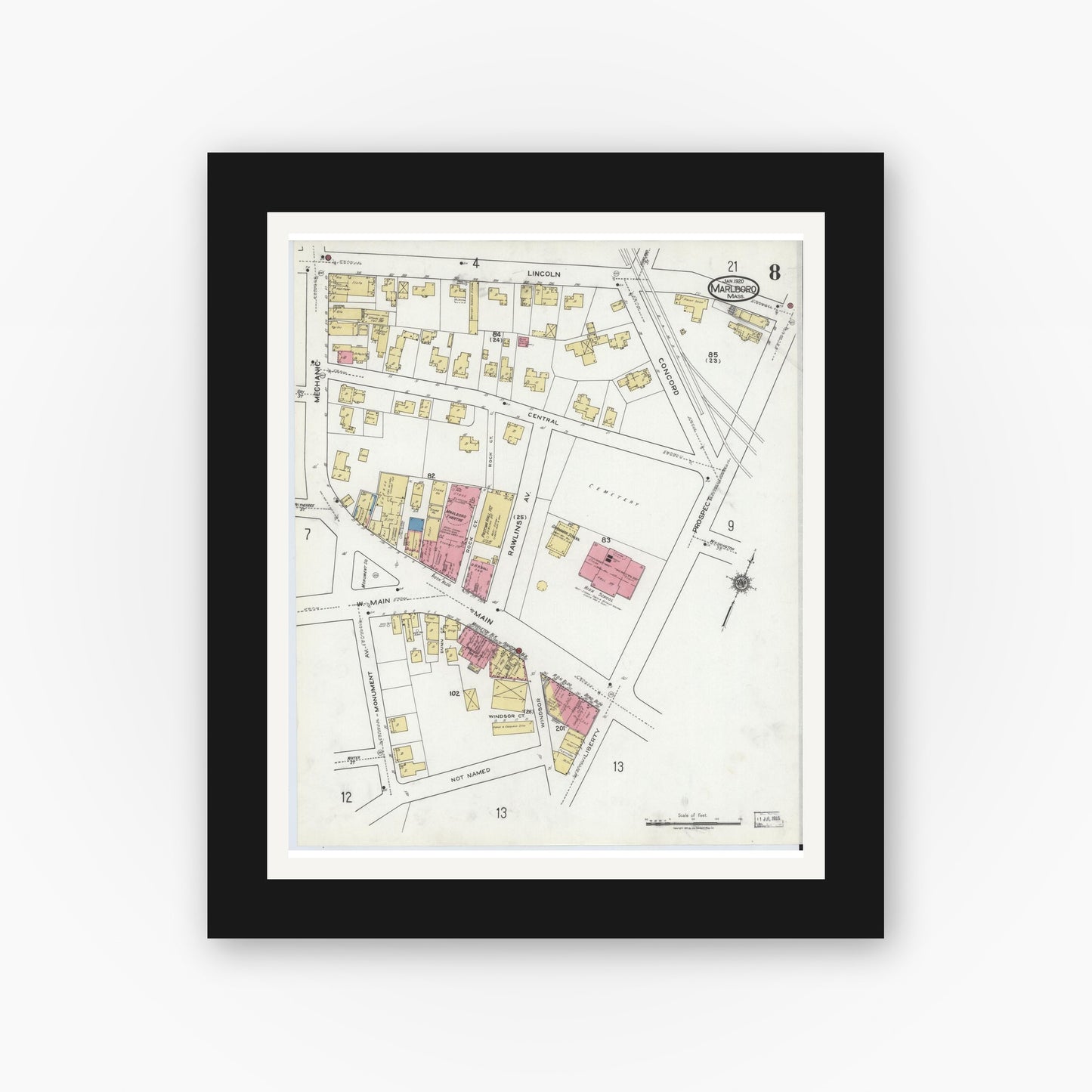 Old map wall art mockup — black gallery frame with white mat — Sanborn Fire Insurance Map from Marlborough, Middlesex County, Massachusetts (1920), Sheet #0008