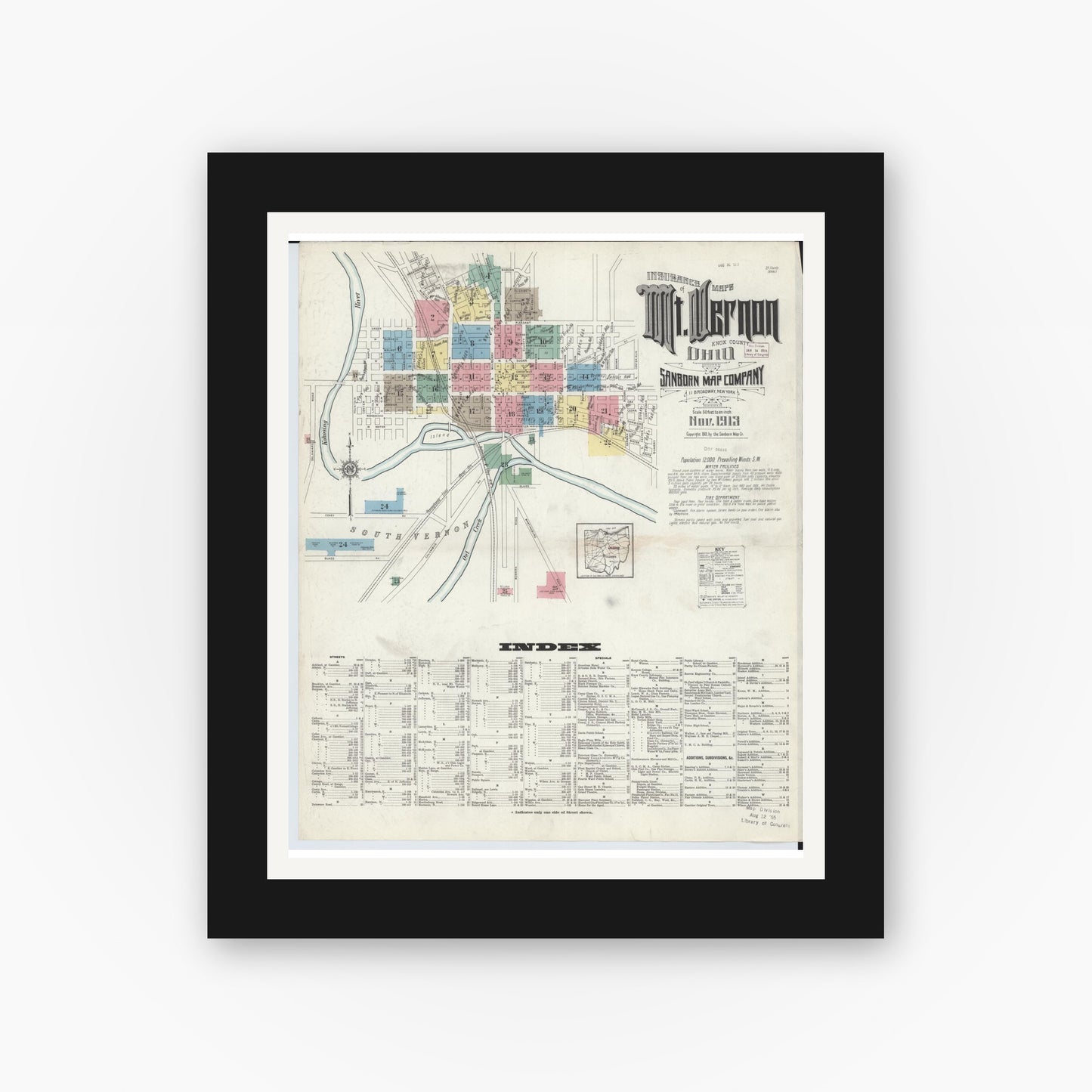 Old map wall art mockup — black gallery frame with white mat — Sanborn Fire Insurance Map from Mount Vernon, Knox County, Ohio (1913), Sheet #0001
