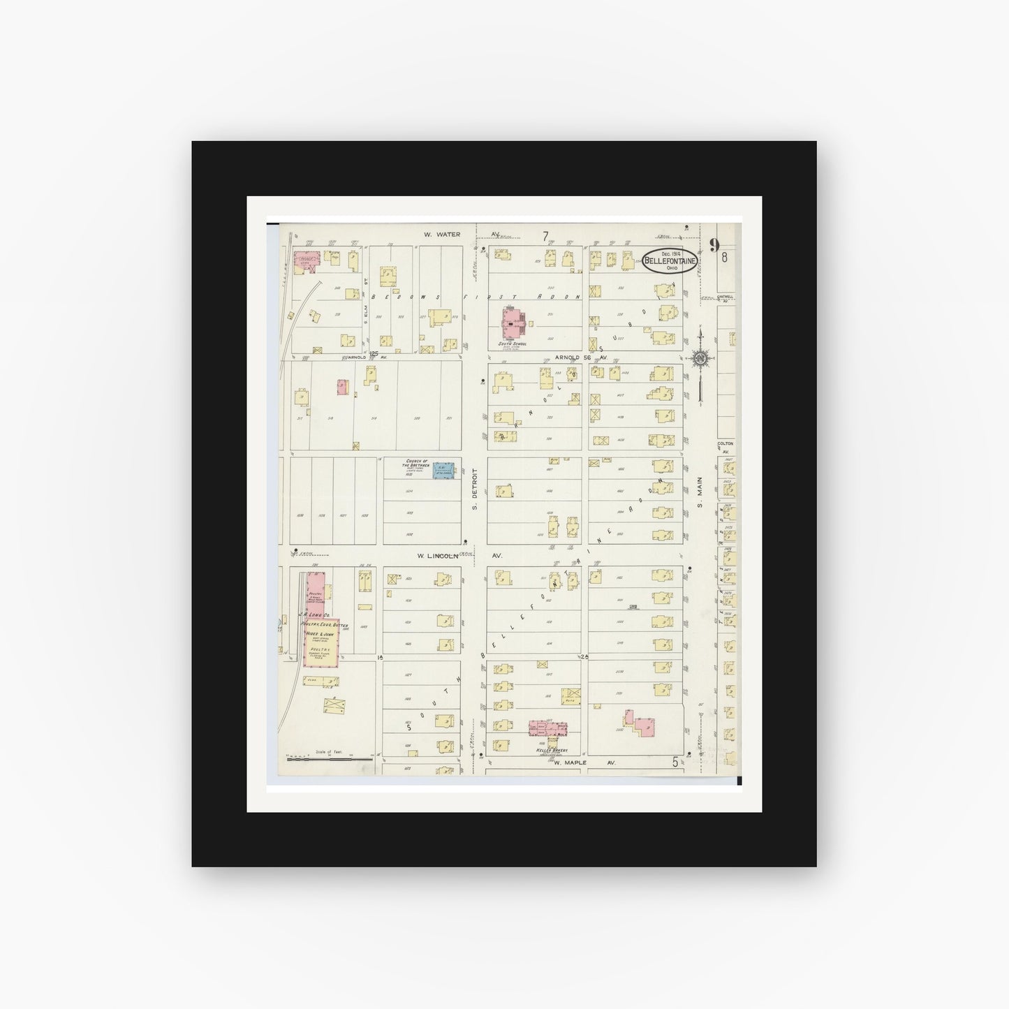 Old map wall art mockup — black gallery frame with white mat — Sanborn Fire Insurance Map from Bellefontaine, Logan County, Ohio (1914), Sheet #0009
