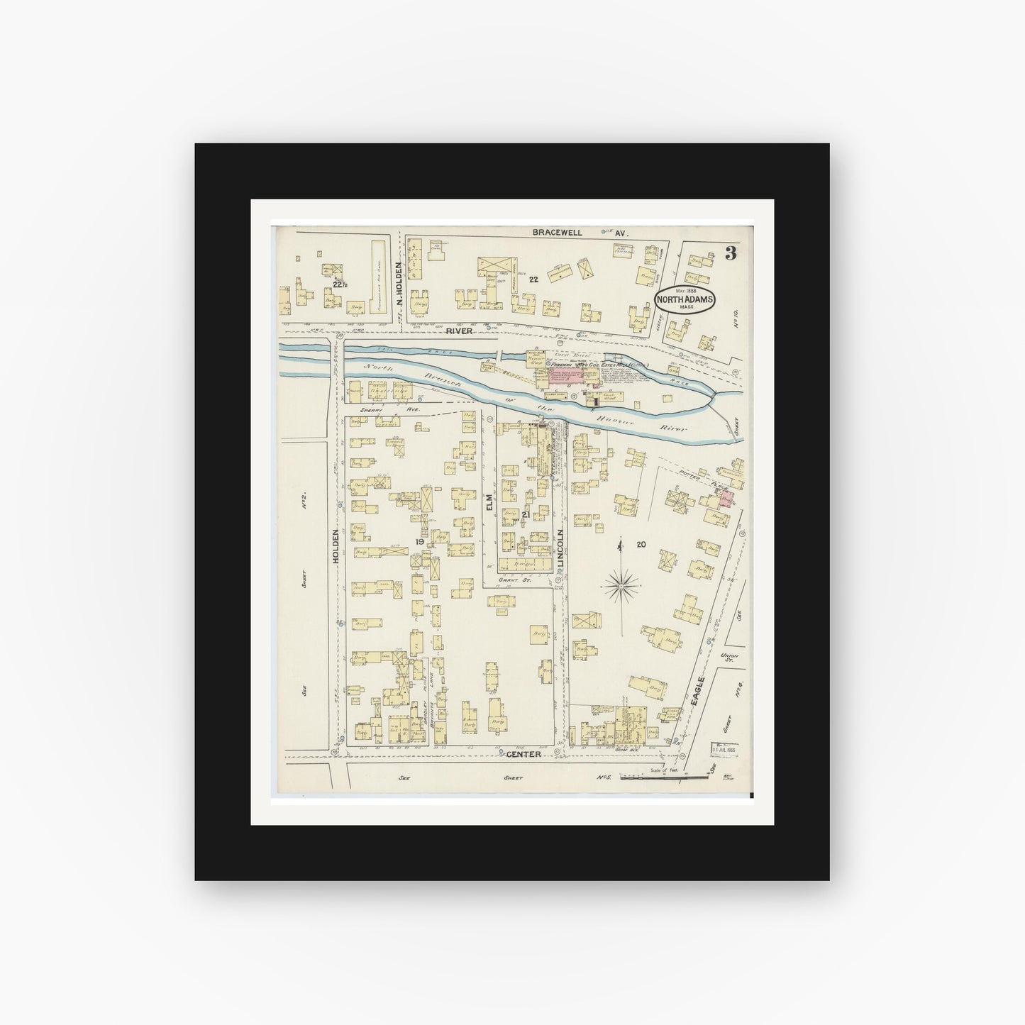 Old map wall art mockup — black gallery frame with white mat — Sanborn Fire Insurance Map from North Adams, Berkshire County, Massachusetts (1888), Sheet #0003